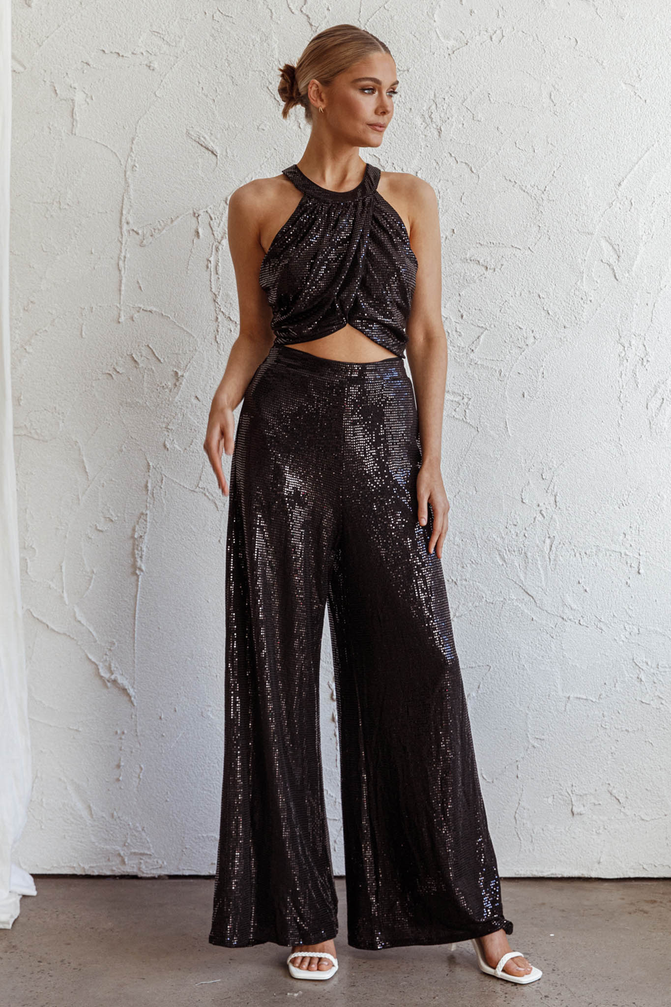 Anything Goes Wide Leg Metallic Pants Black-Fable Dress