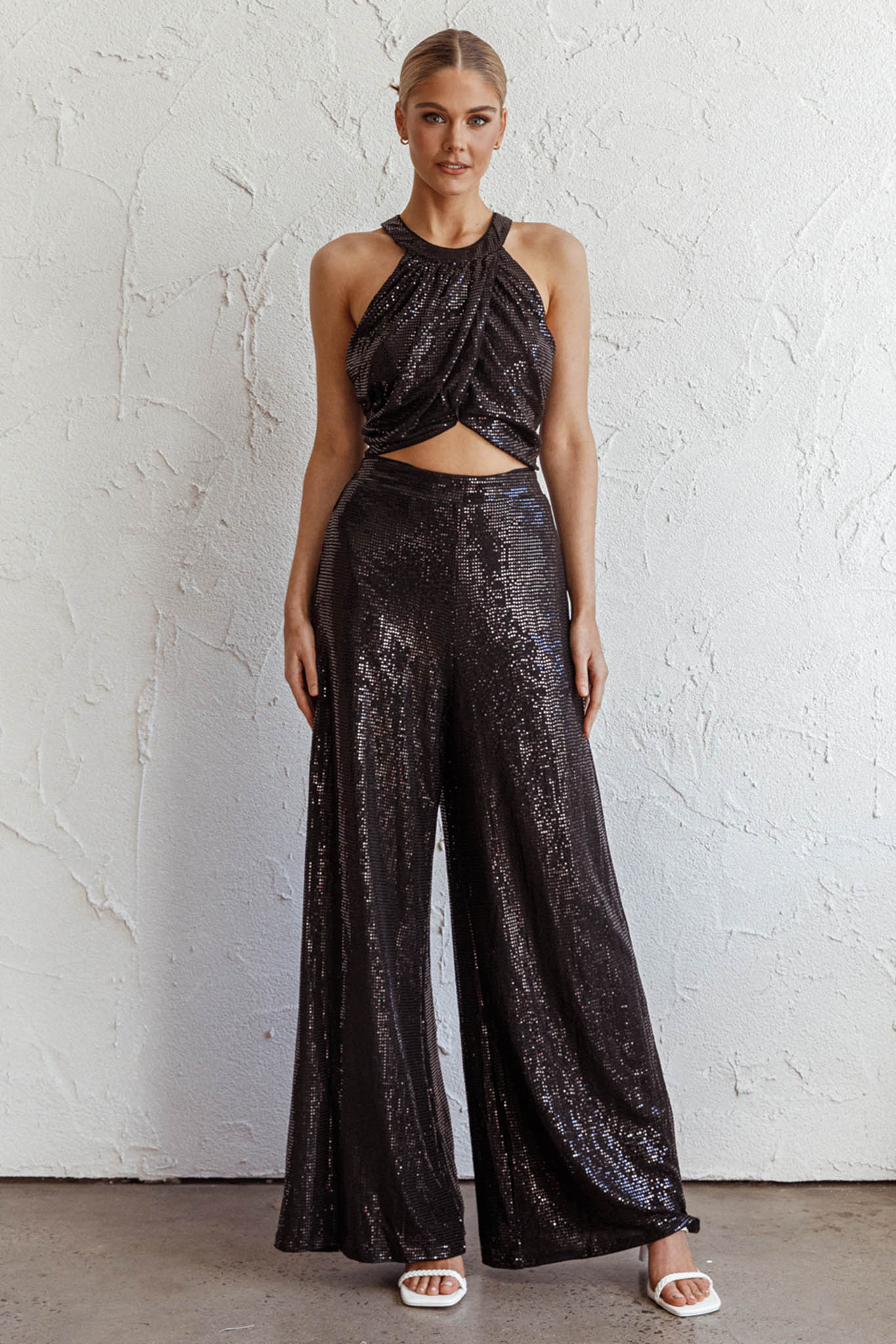 Anything Goes Wide Leg Metallic Pants Black-Fable Dress