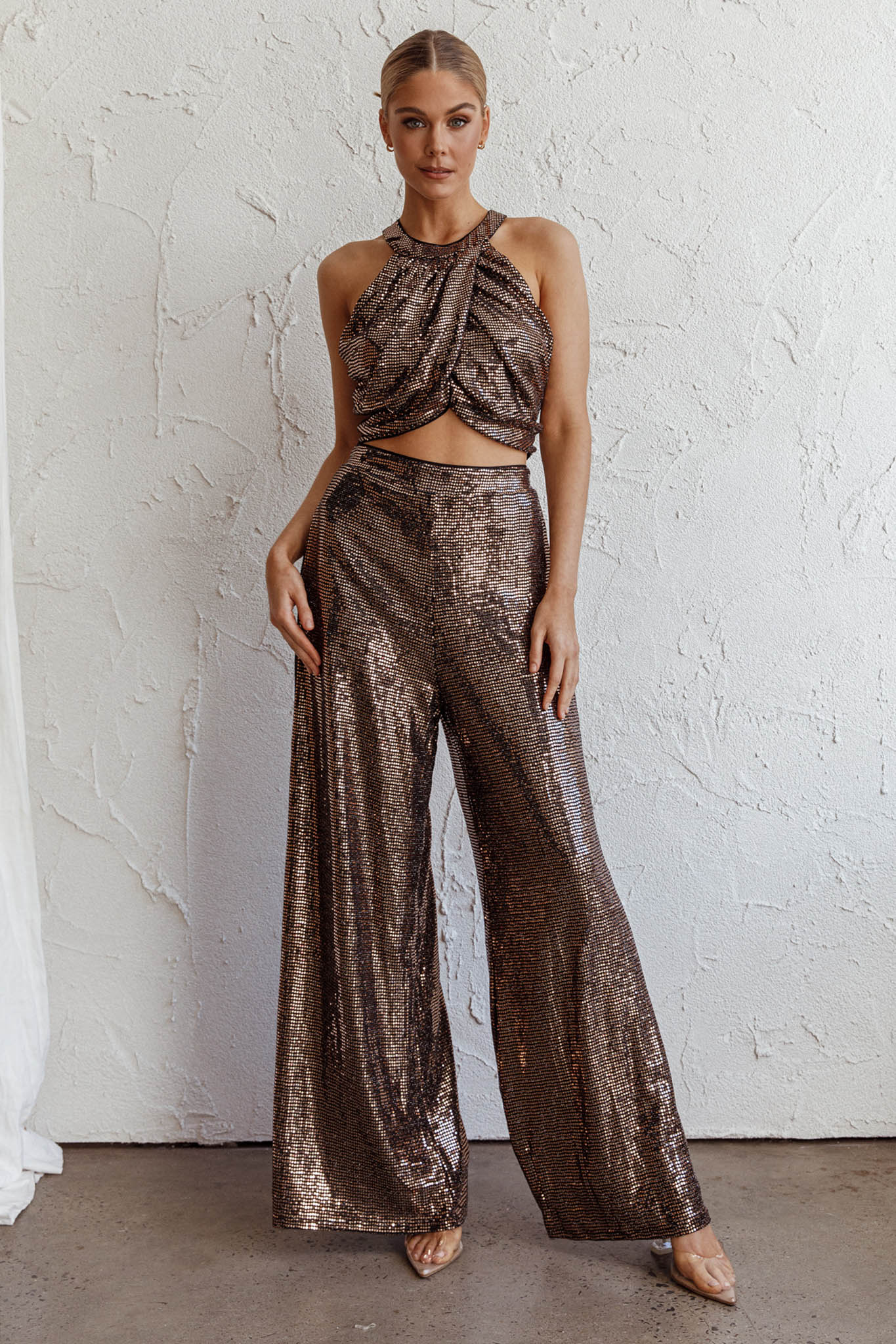 Anything Goes Wide Leg Metallic Pants Gold-Fable Dress