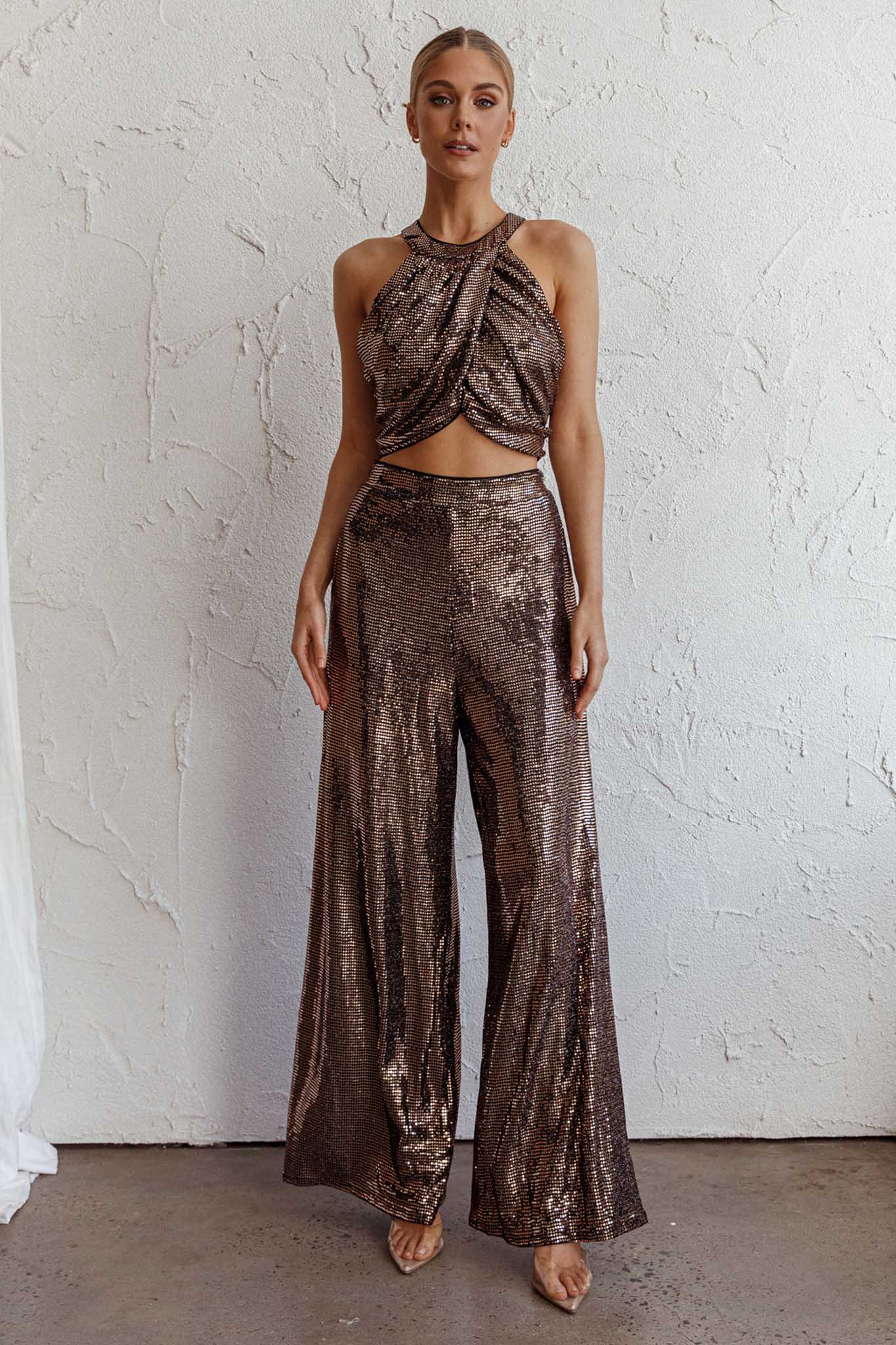 Anything Goes Wide Leg Metallic Pants Gold-Fable Dress