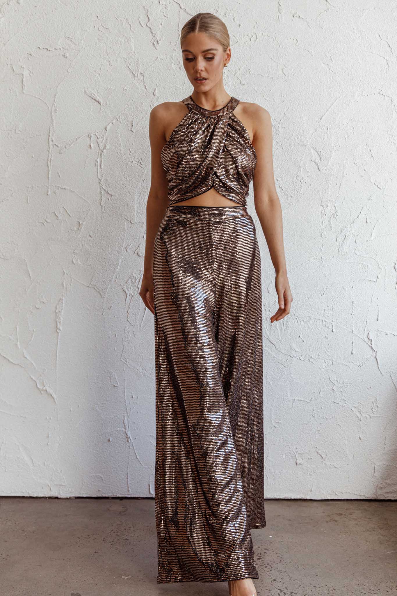 Anything Goes Wide Leg Metallic Pants Gold-Fable Dress