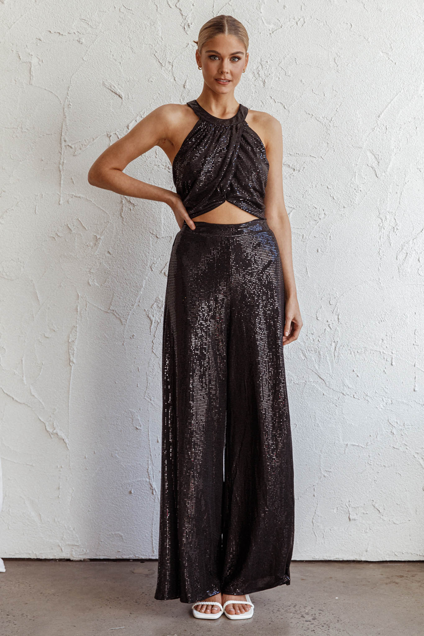 Anything Goes Wide Leg Metallic Pants Black-Fable Dress