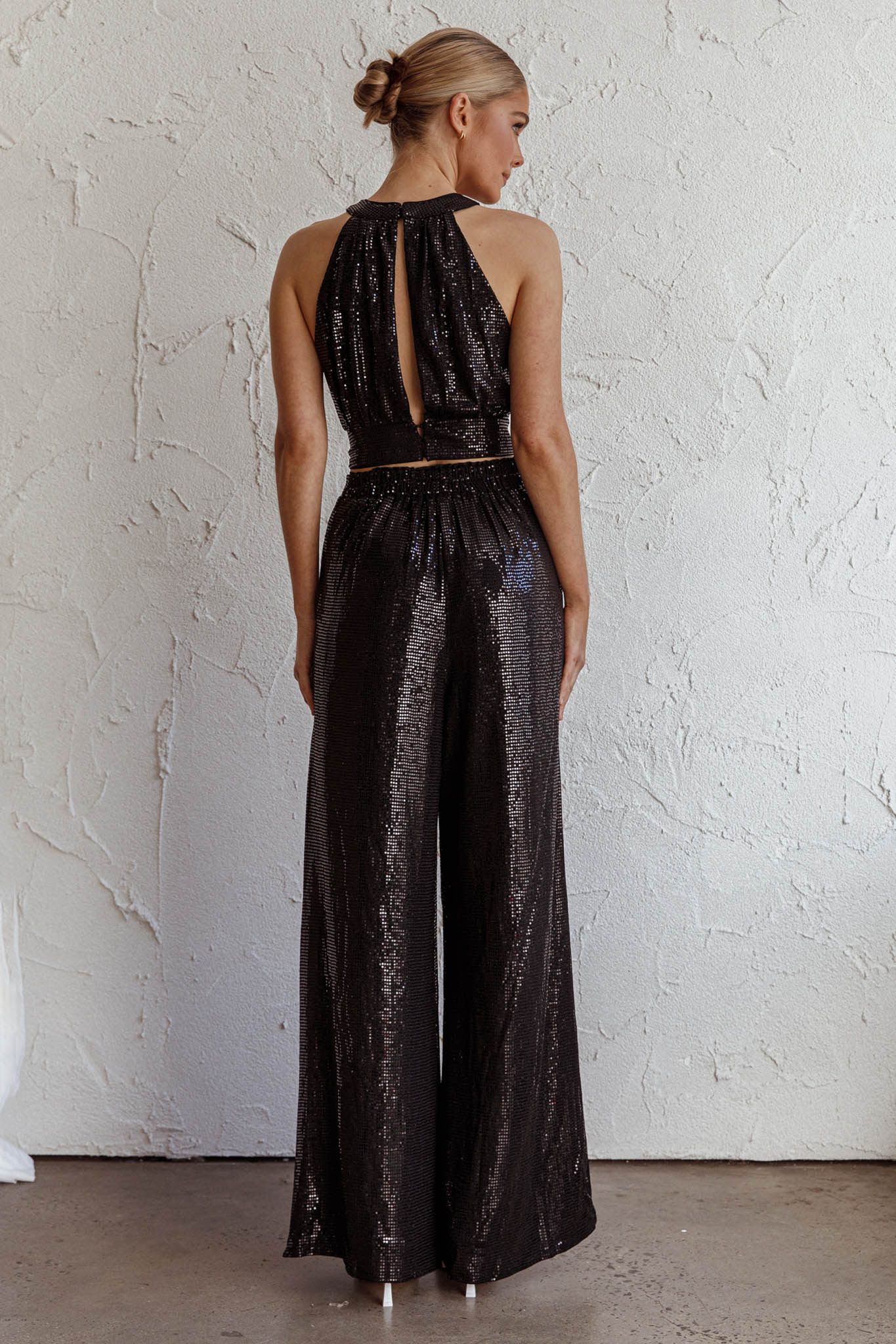 Anything Goes Wide Leg Metallic Pants Black-Fable Dress