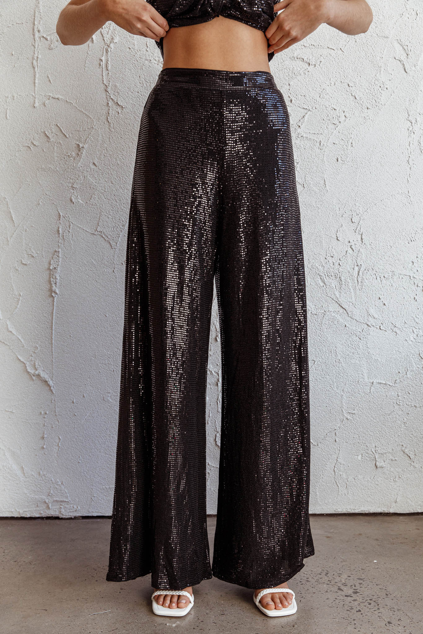 Anything Goes Wide Leg Metallic Pants Black-Fable Dress