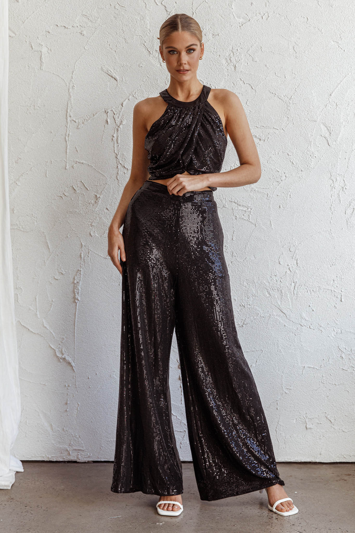 Anything Goes Wide Leg Metallic Pants Black-Fable Dress