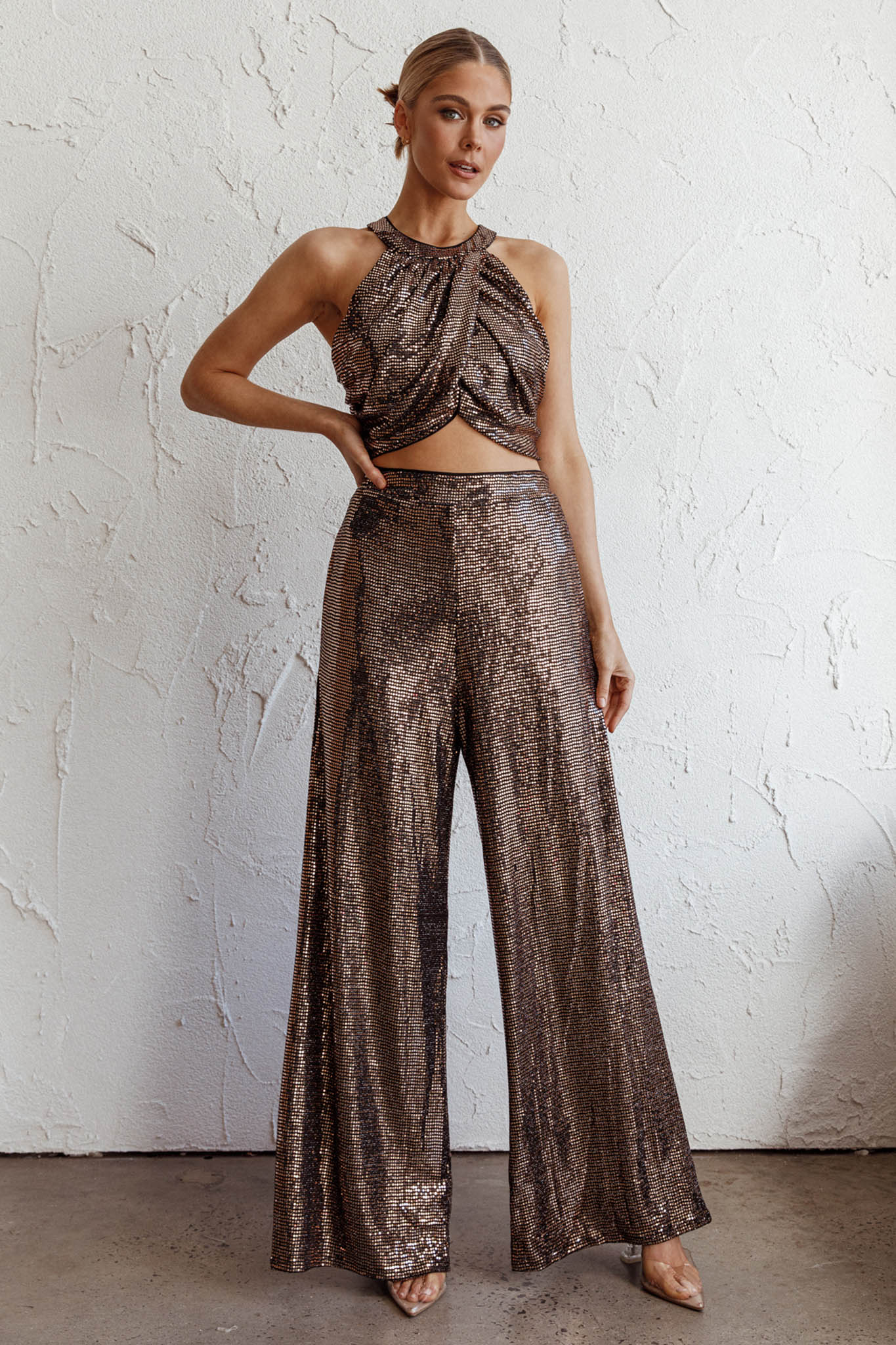 Anything Goes Wide Leg Metallic Pants Gold-Fable Dress