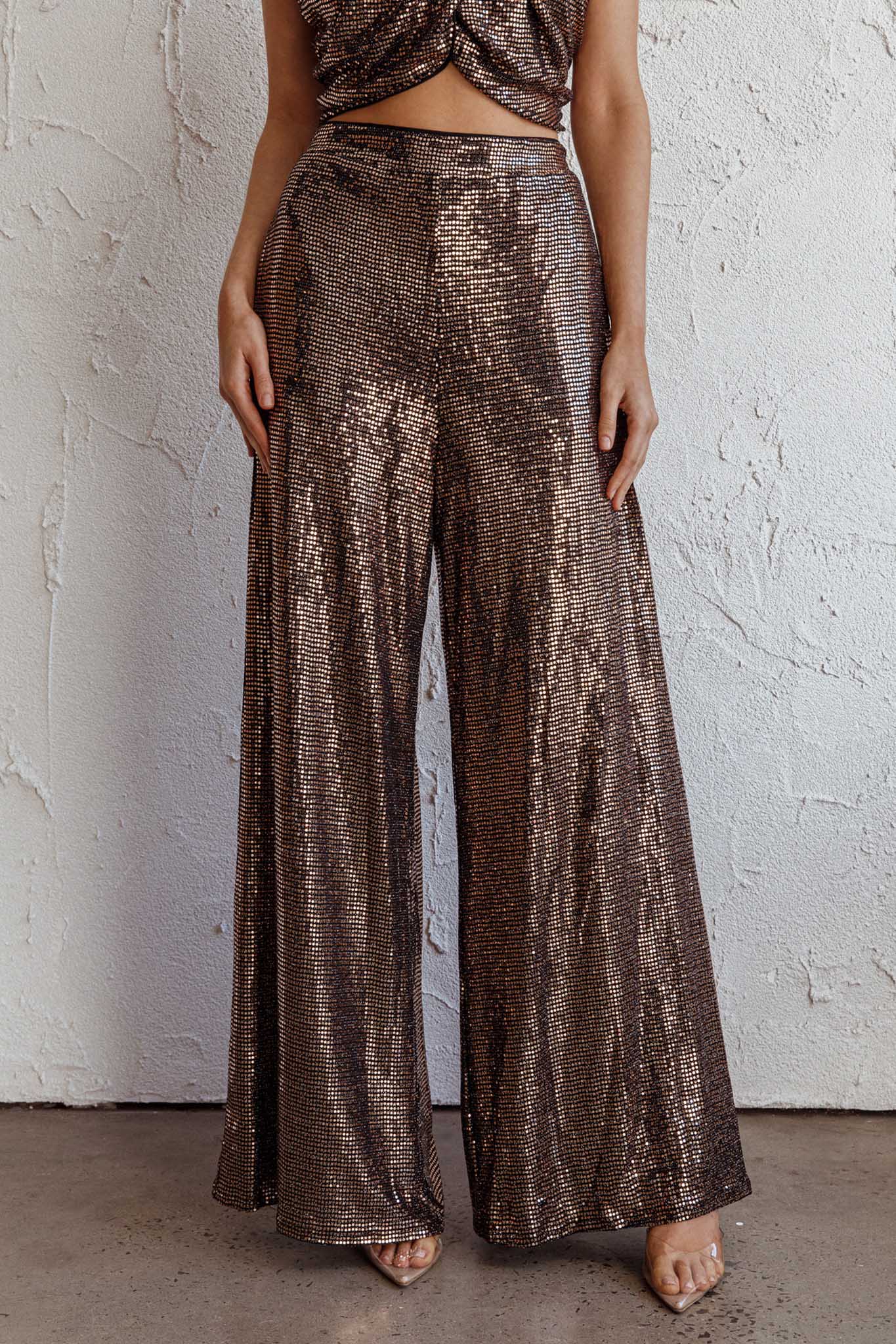 Anything Goes Wide Leg Metallic Pants Gold-Fable Dress