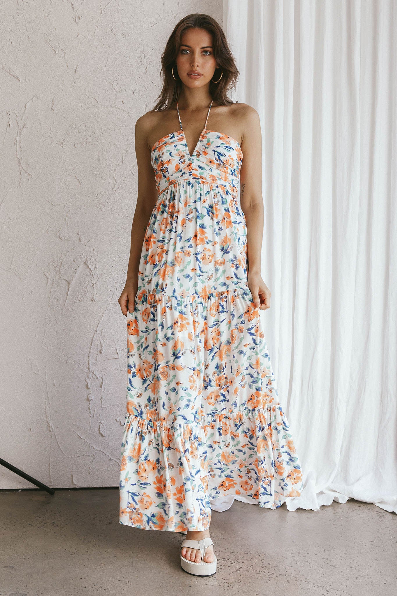 Asiah Halterneck Maxi Dress Floral Orange-Fable Dress