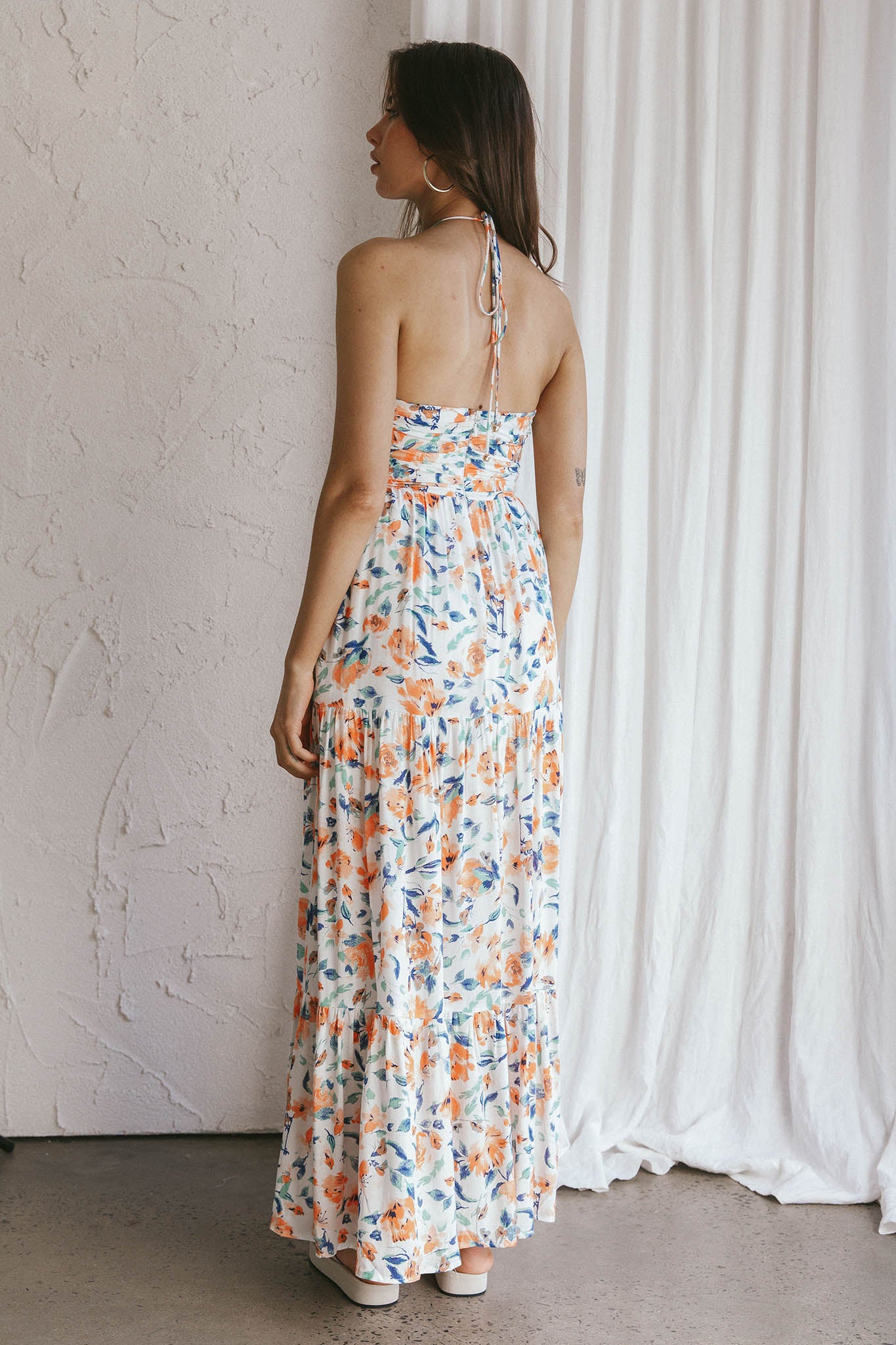 Asiah Halterneck Maxi Dress Floral Orange-Fable Dress