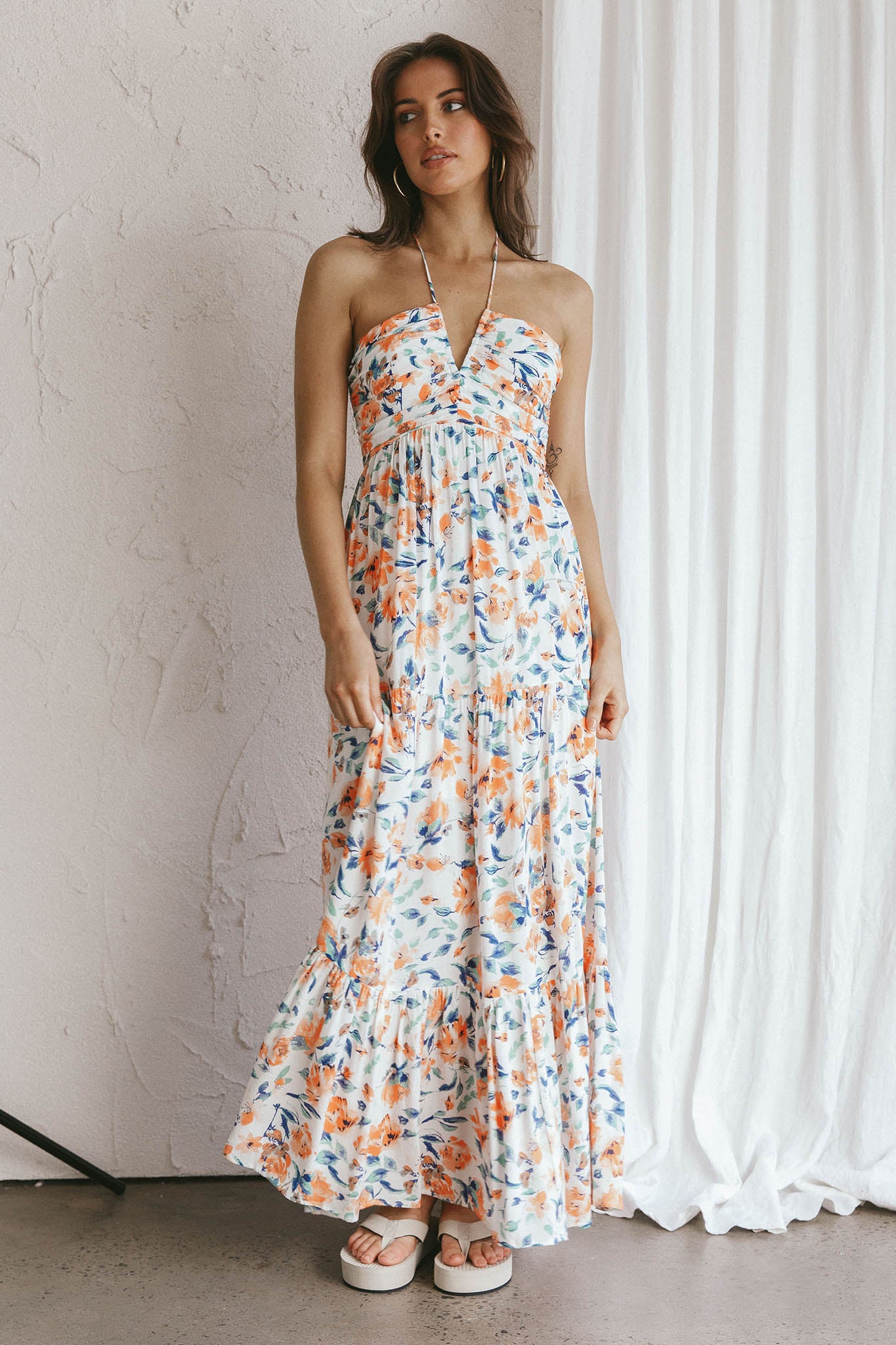 Asiah Halterneck Maxi Dress Floral Orange-Fable Dress