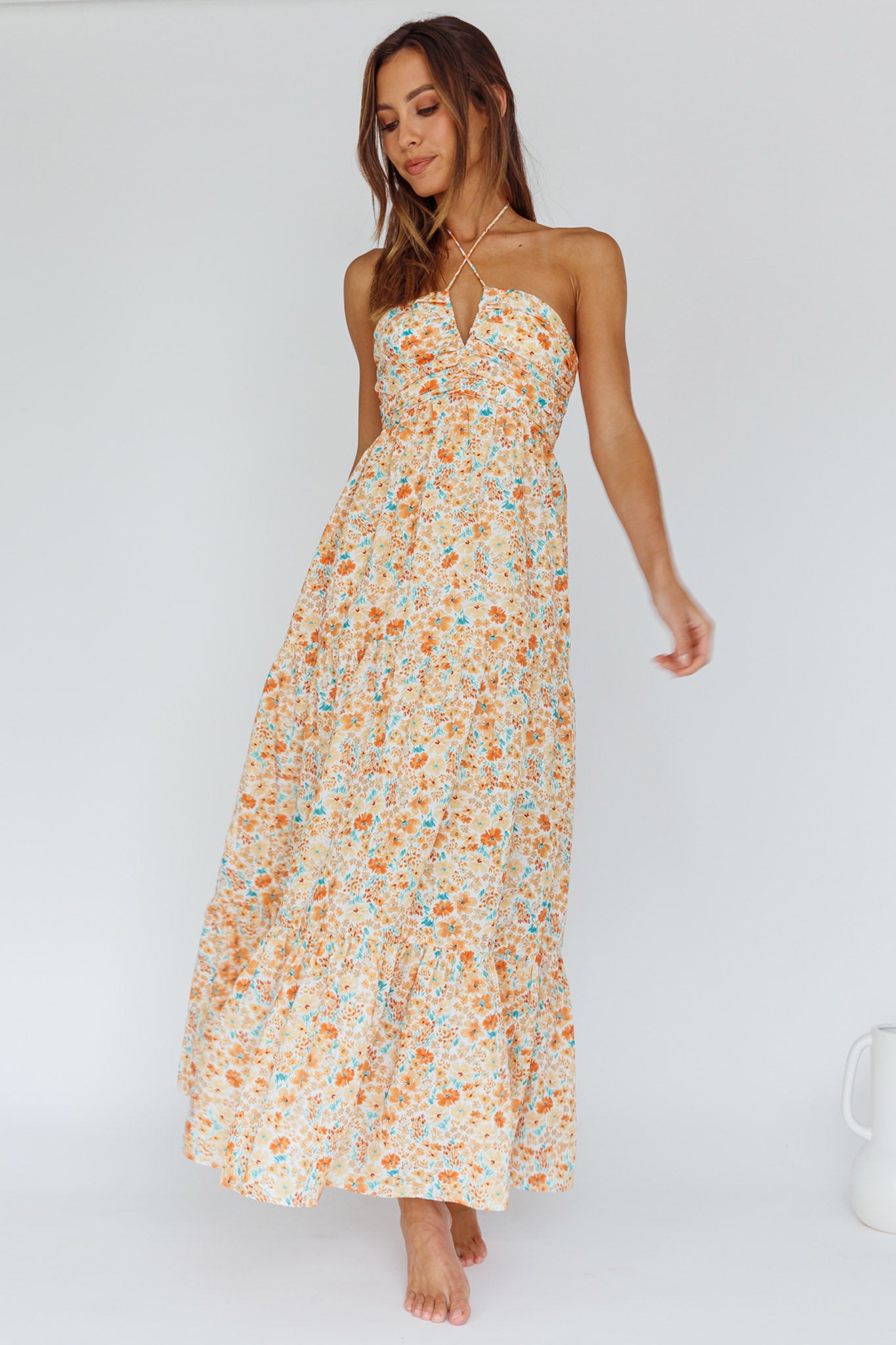 Asiah Halterneck Maxi Dress Flowers Orange-Fable Dress