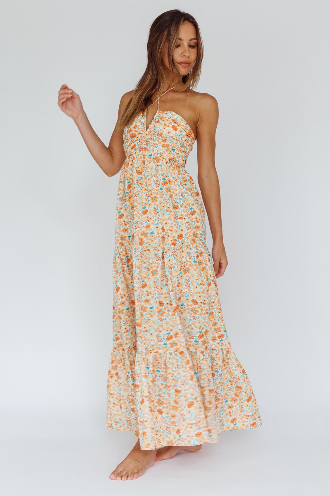 Asiah Halterneck Maxi Dress Flowers Orange-Fable Dress
