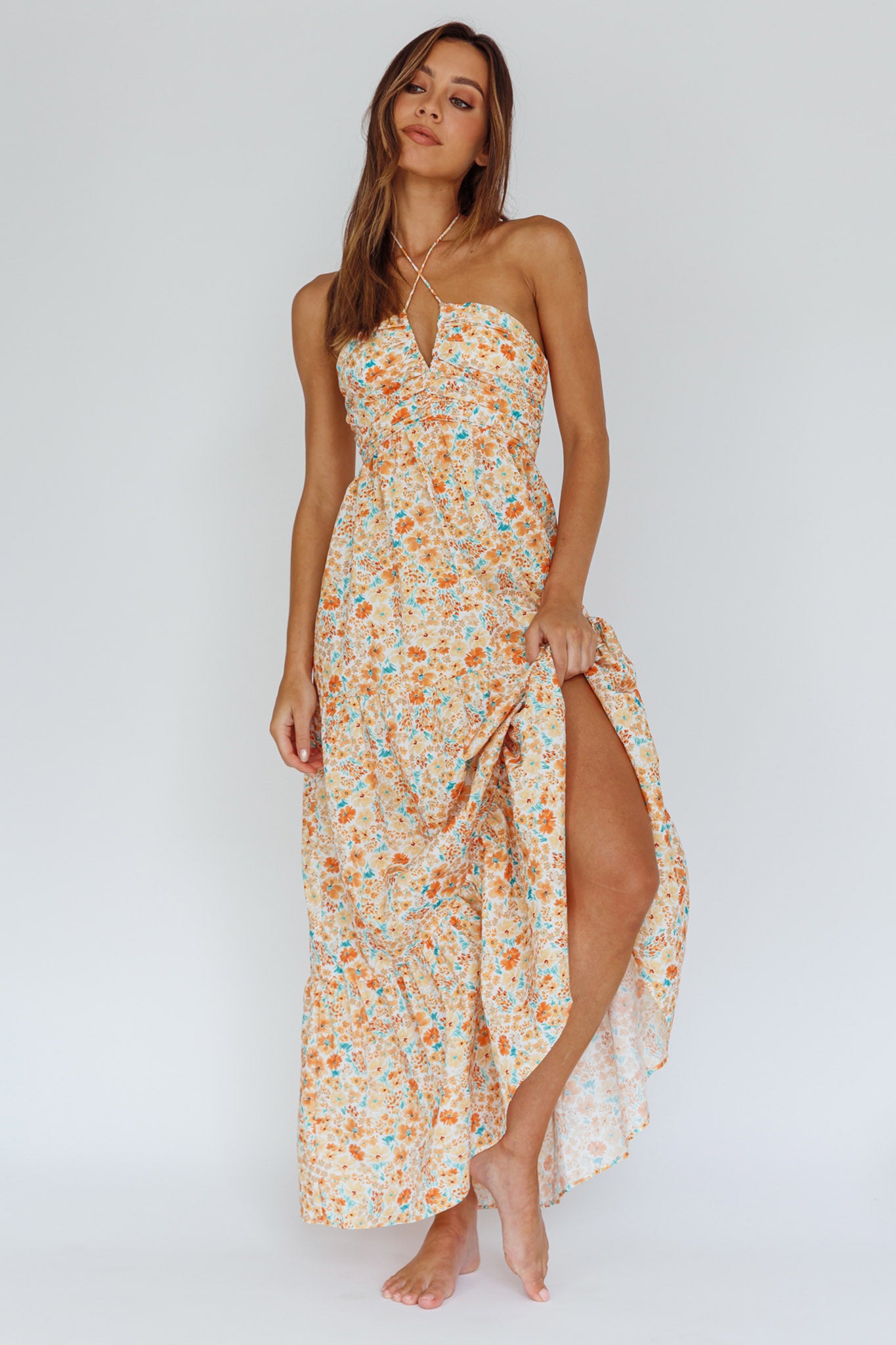Asiah Halterneck Maxi Dress Flowers Orange-Fable Dress