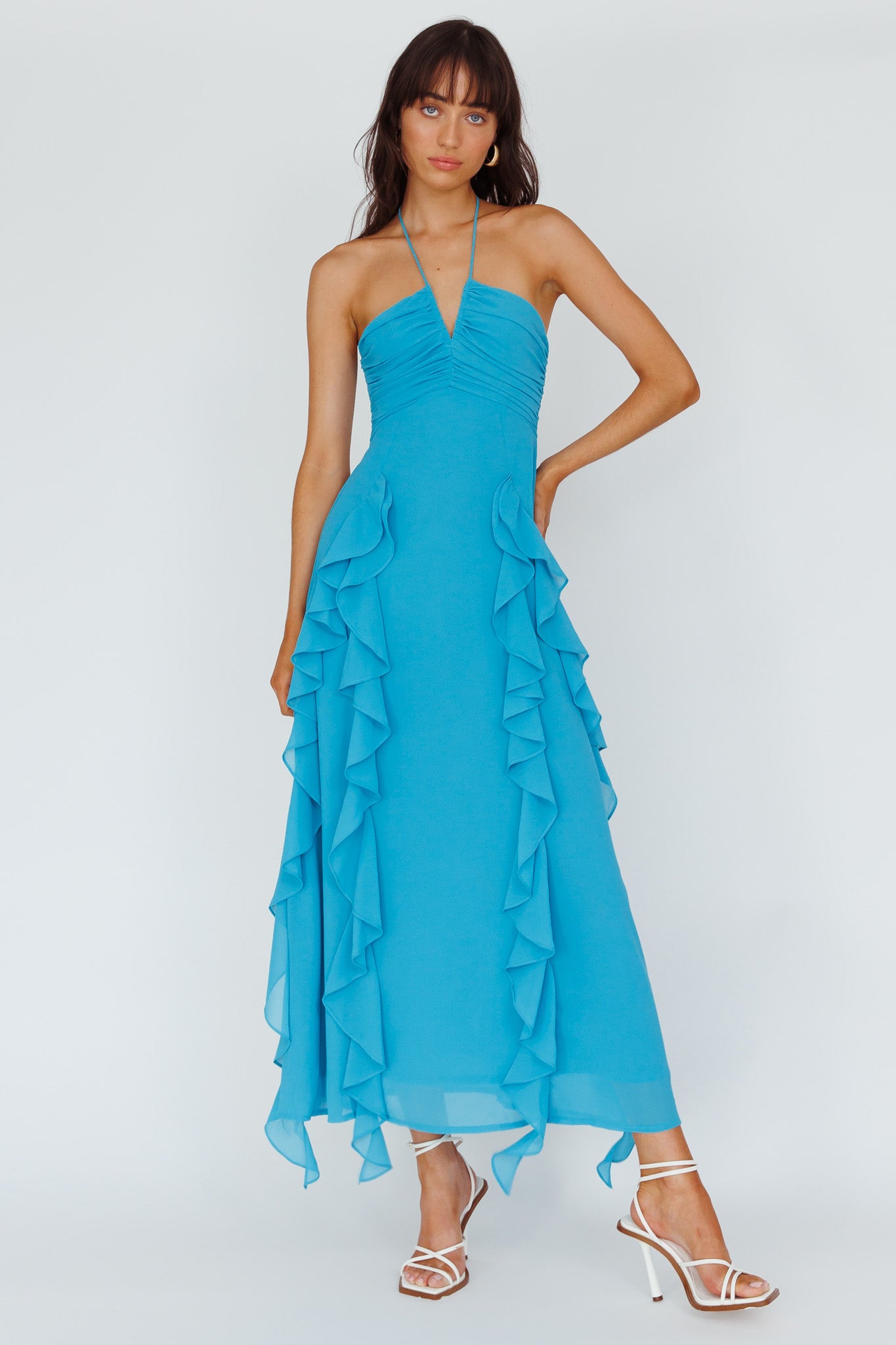 Asiah Ruffle Trim Halterneck Maxi Dress Cerulean Blue-Fable Dress