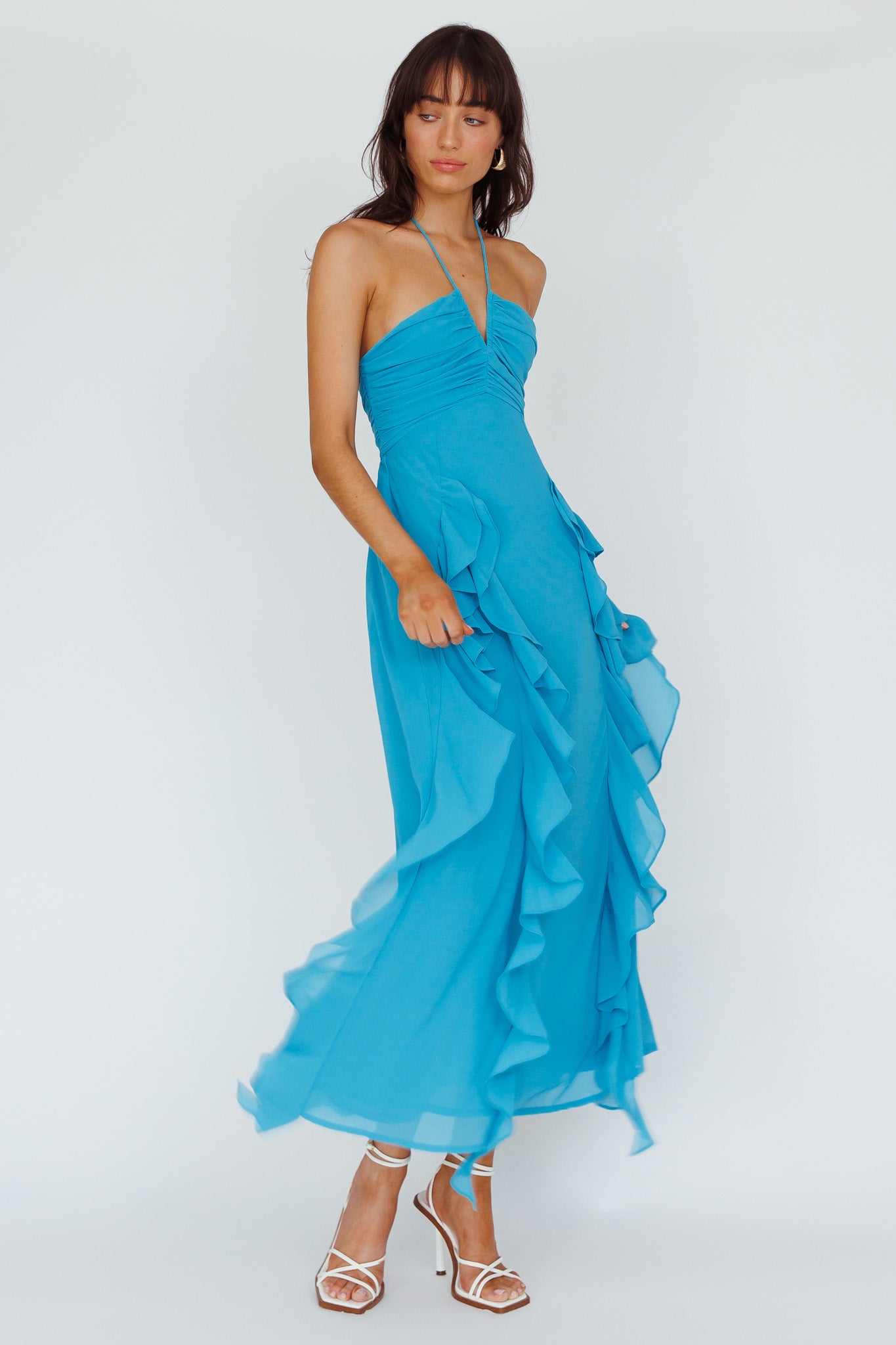 Asiah Ruffle Trim Halterneck Maxi Dress Cerulean Blue-Fable Dress