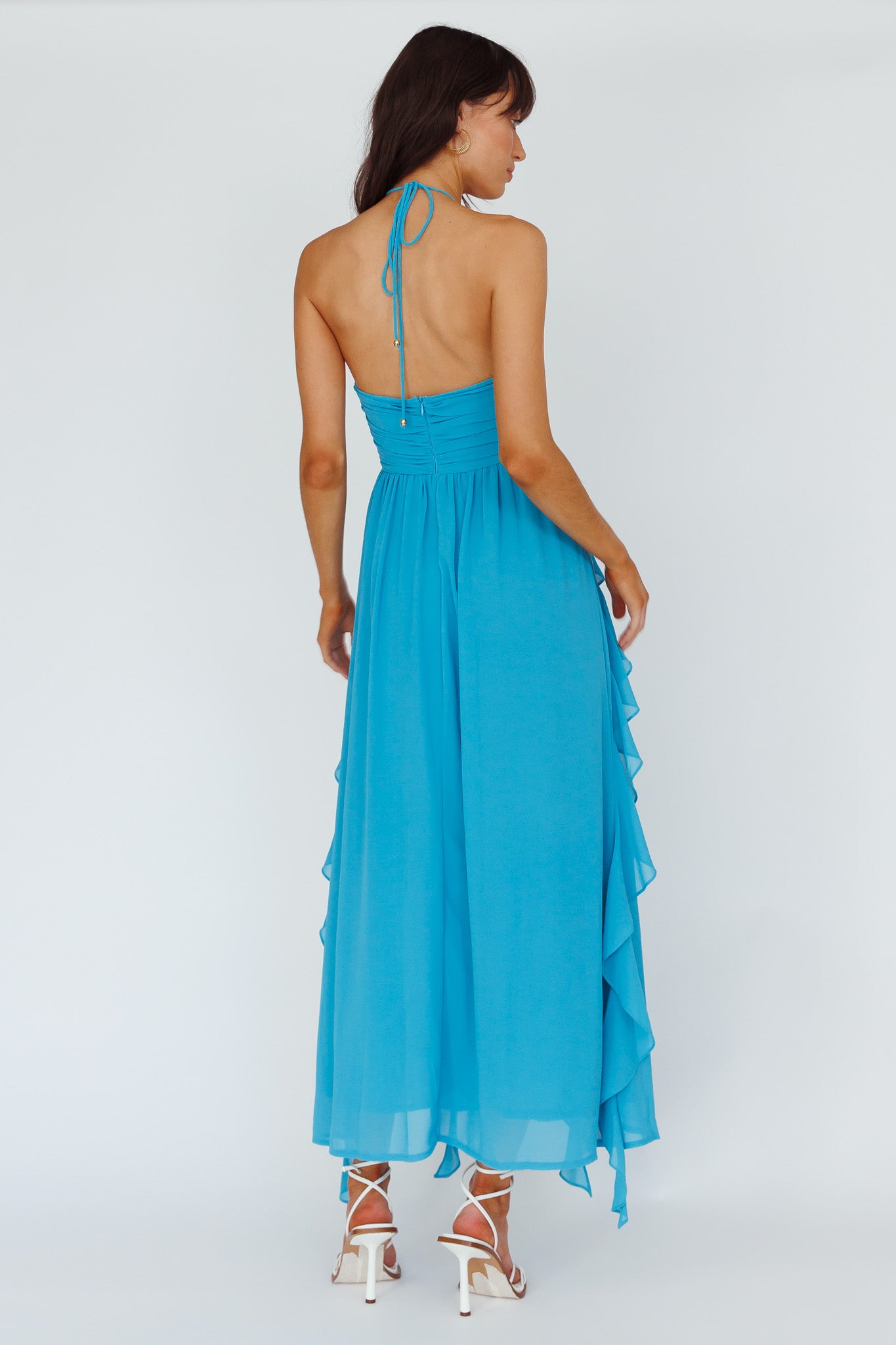 Asiah Ruffle Trim Halterneck Maxi Dress Cerulean Blue-Fable Dress