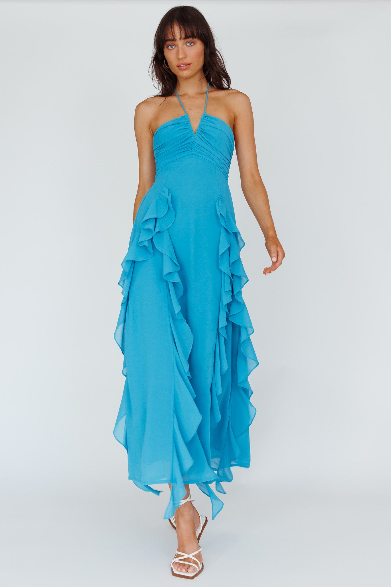 Asiah Ruffle Trim Halterneck Maxi Dress Cerulean Blue-Fable Dress