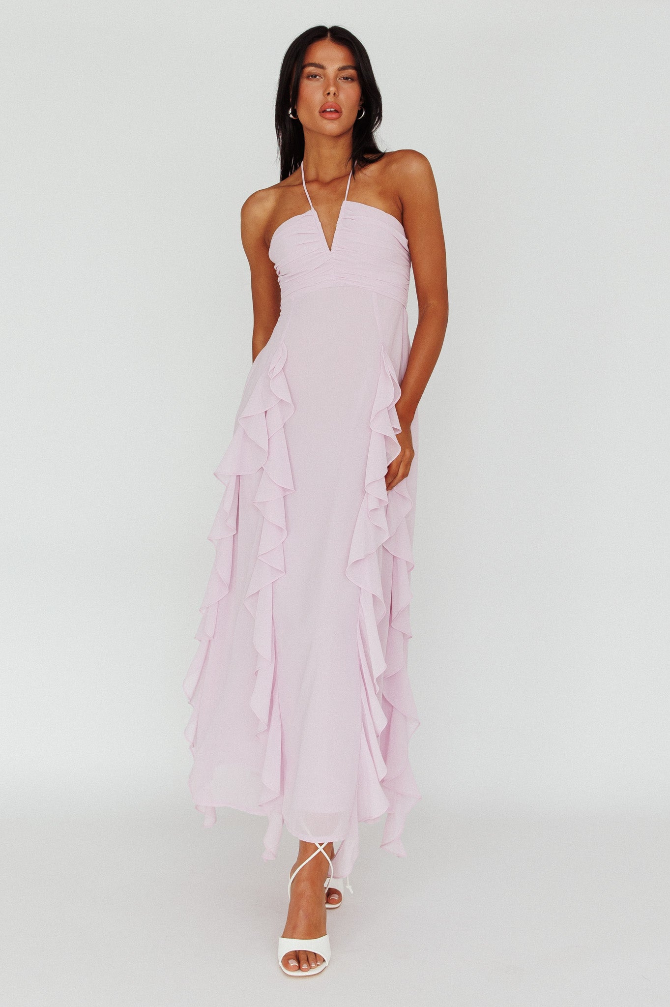 Asiah Ruffle Trim Halterneck Maxi Dress Lavender-Fable Dress
