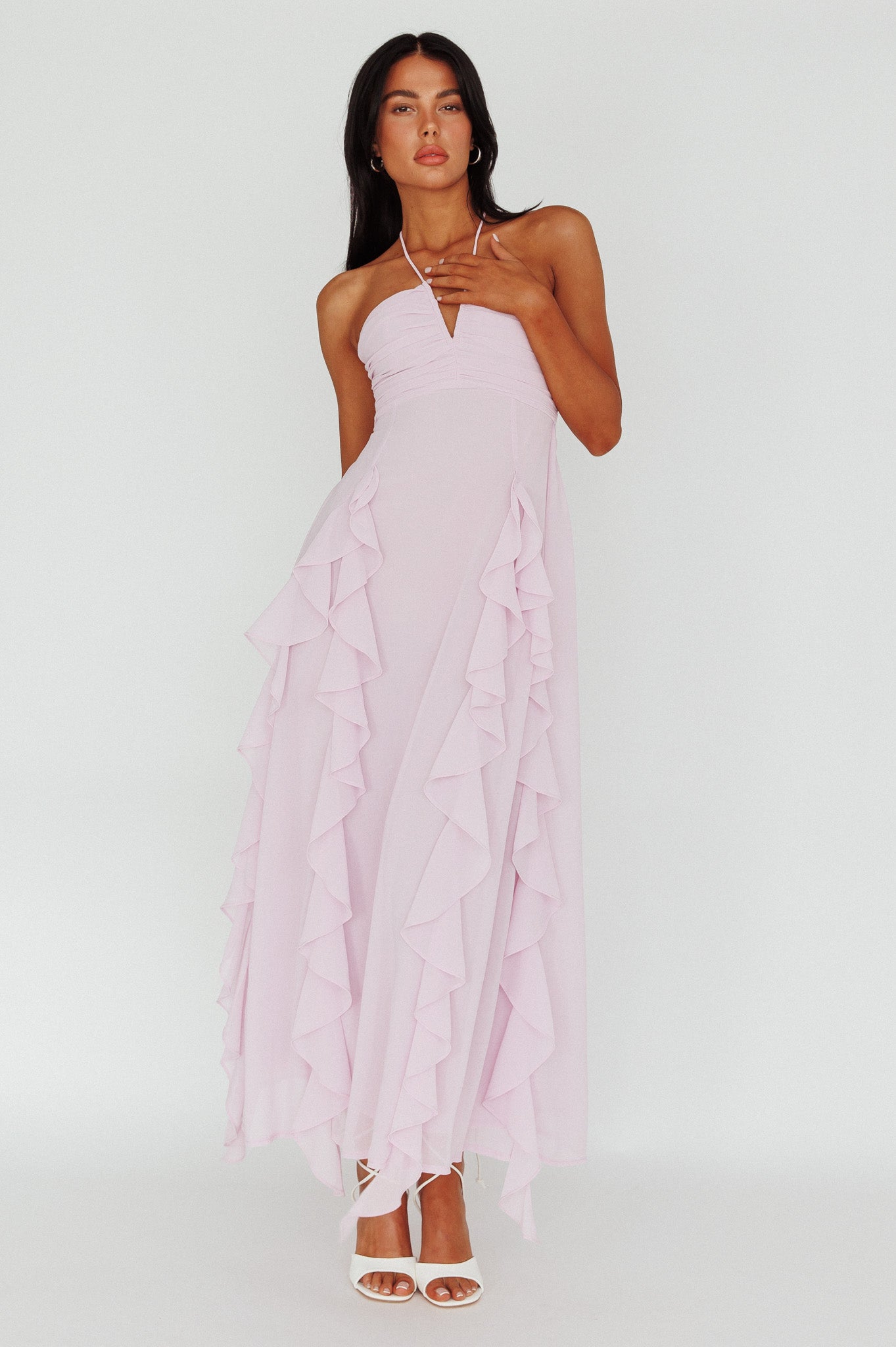 Asiah Ruffle Trim Halterneck Maxi Dress Lavender-Fable Dress