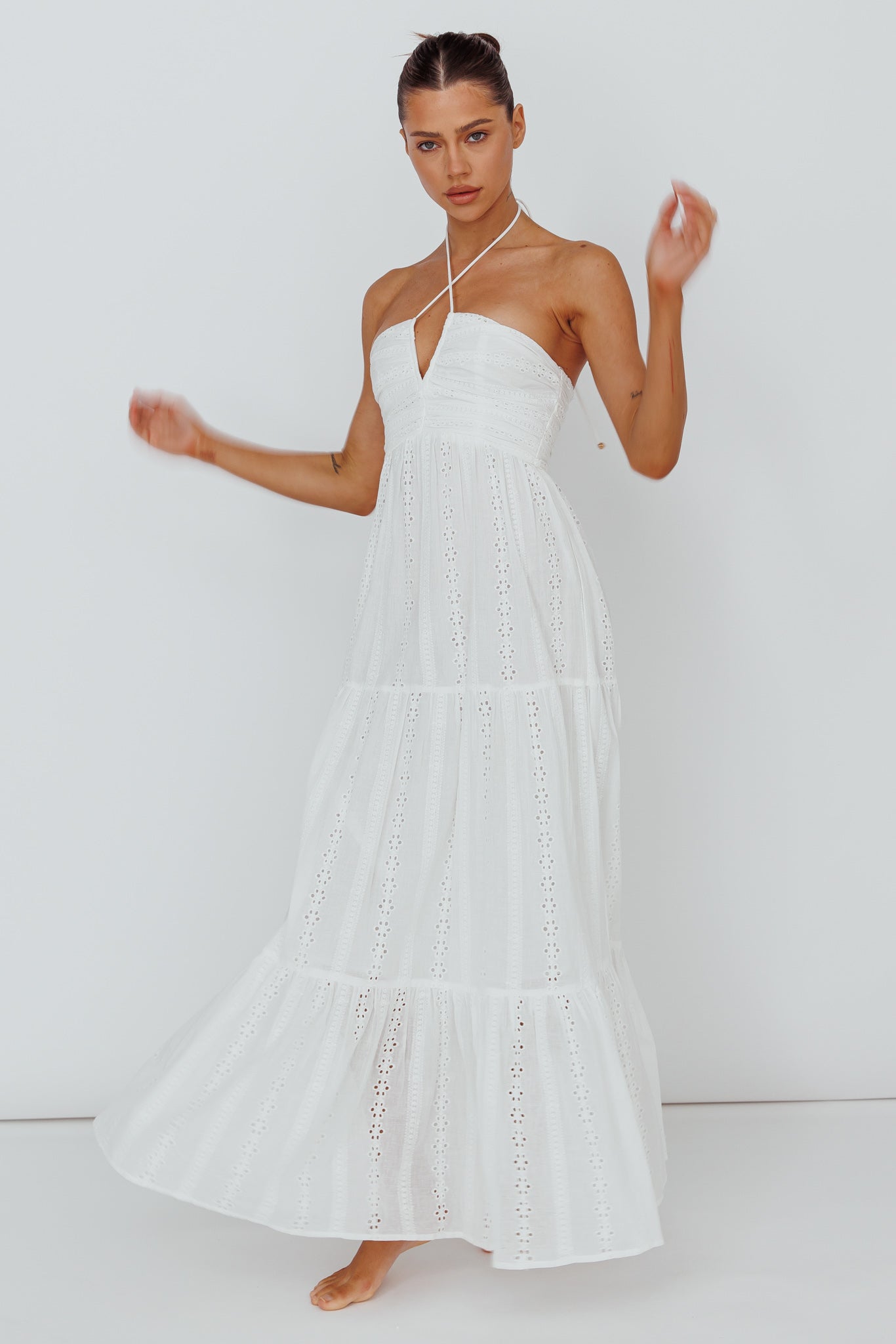 Asiah Halterneck Maxi Dress Eyelet White-Fable Dress