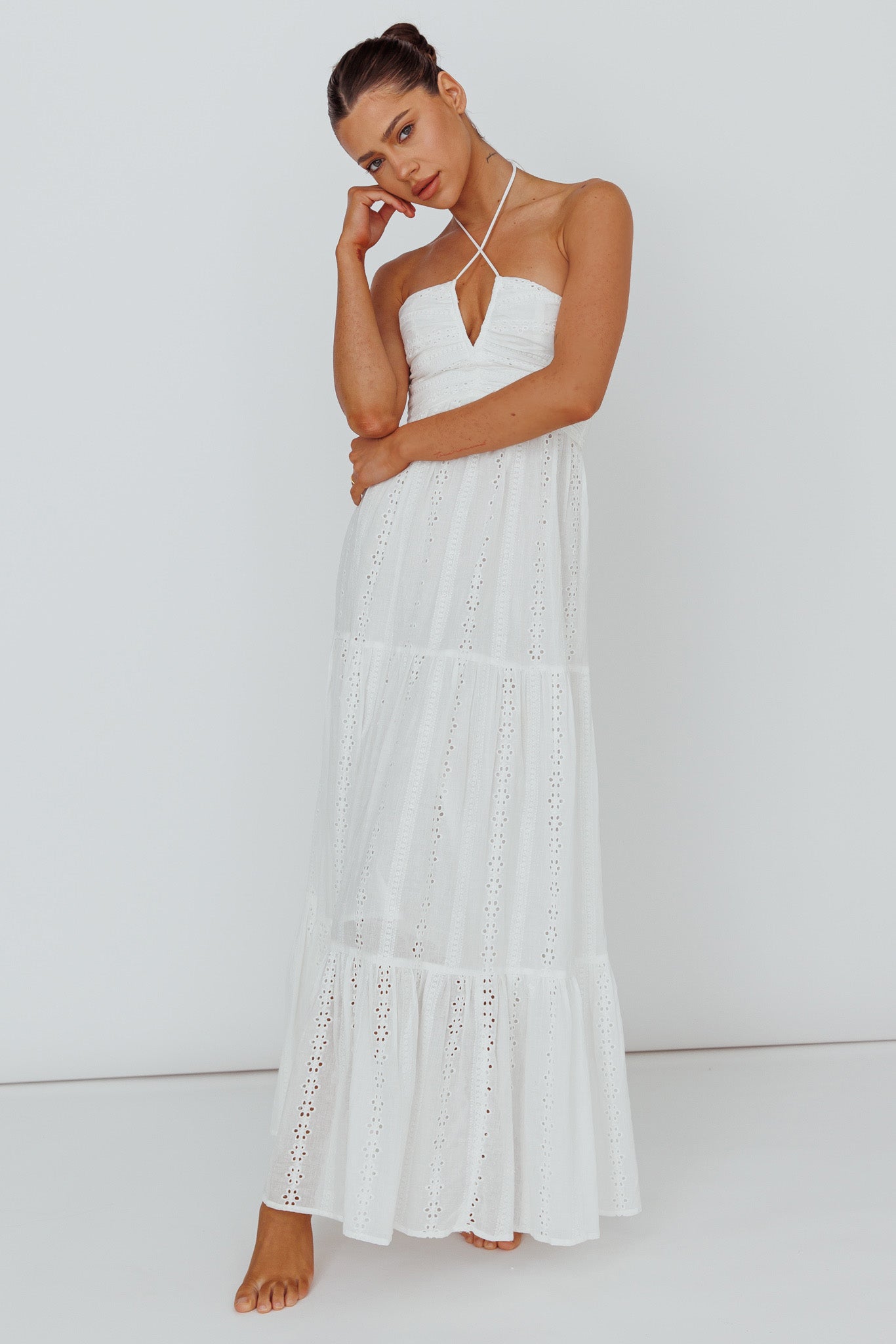 Asiah Halterneck Maxi Dress Eyelet White-Fable Dress