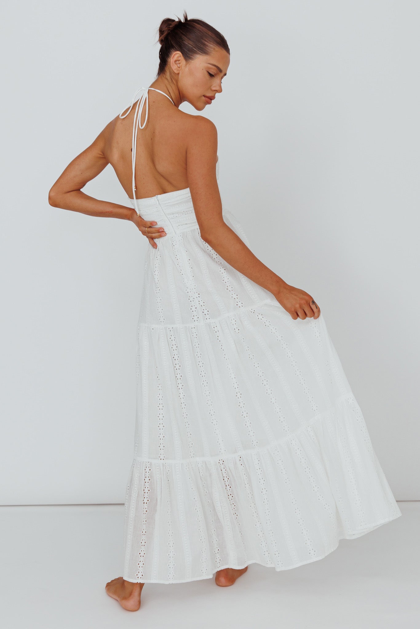 Asiah Halterneck Maxi Dress Eyelet White-Fable Dress