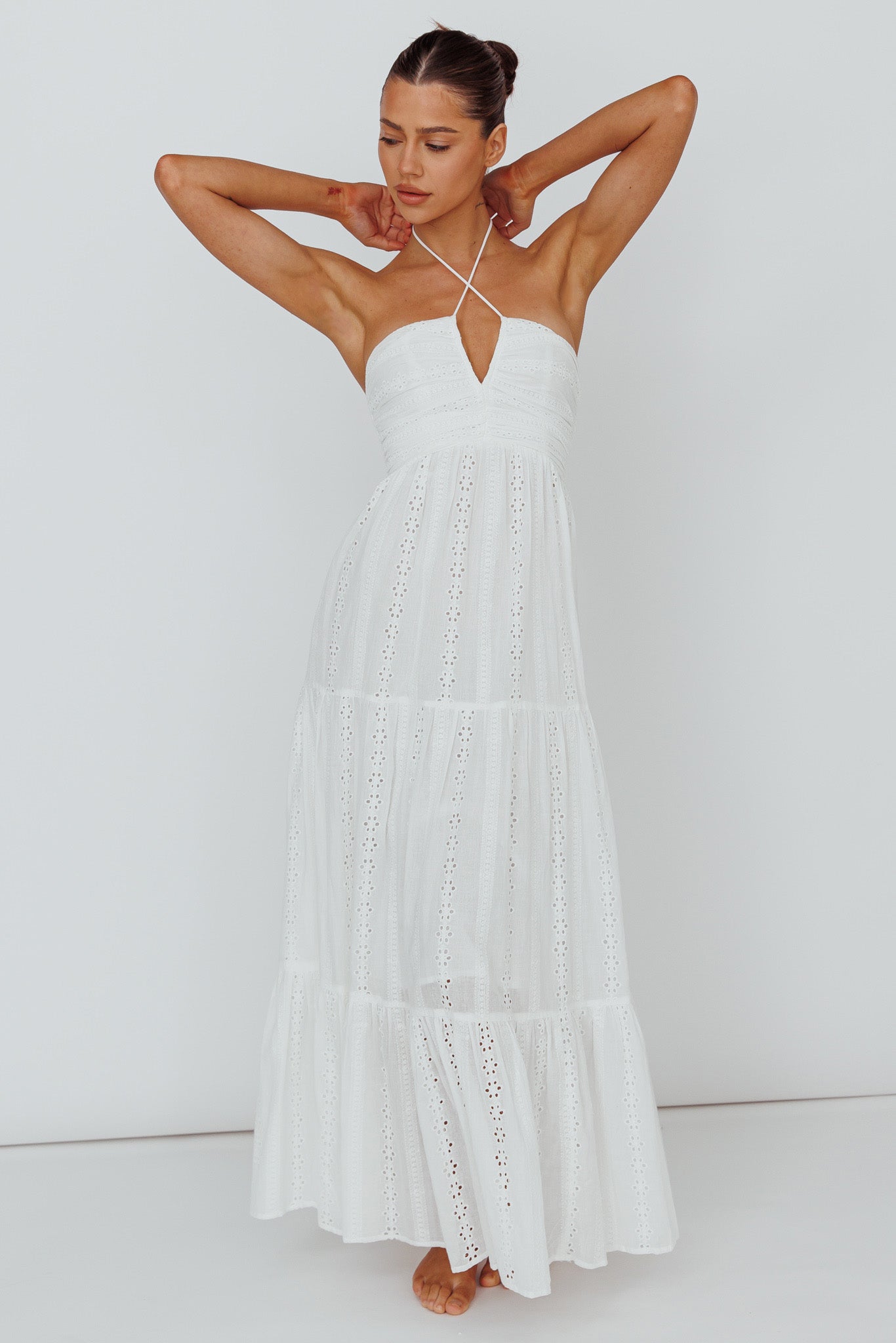 Asiah Halterneck Maxi Dress Eyelet White-Fable Dress