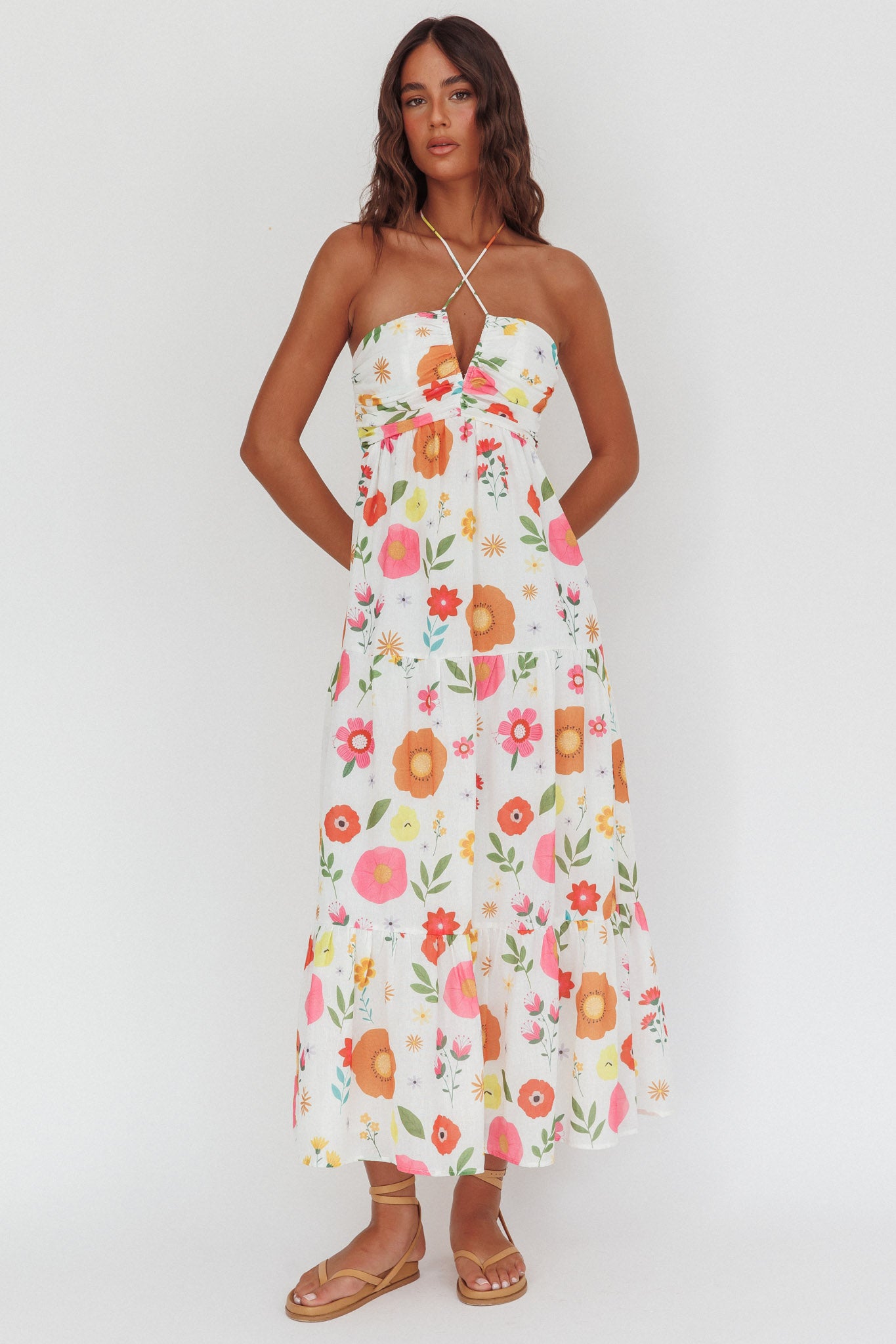 Asiah Gathered Bust Halterneck Maxi Dress Floral White-Fable Dress