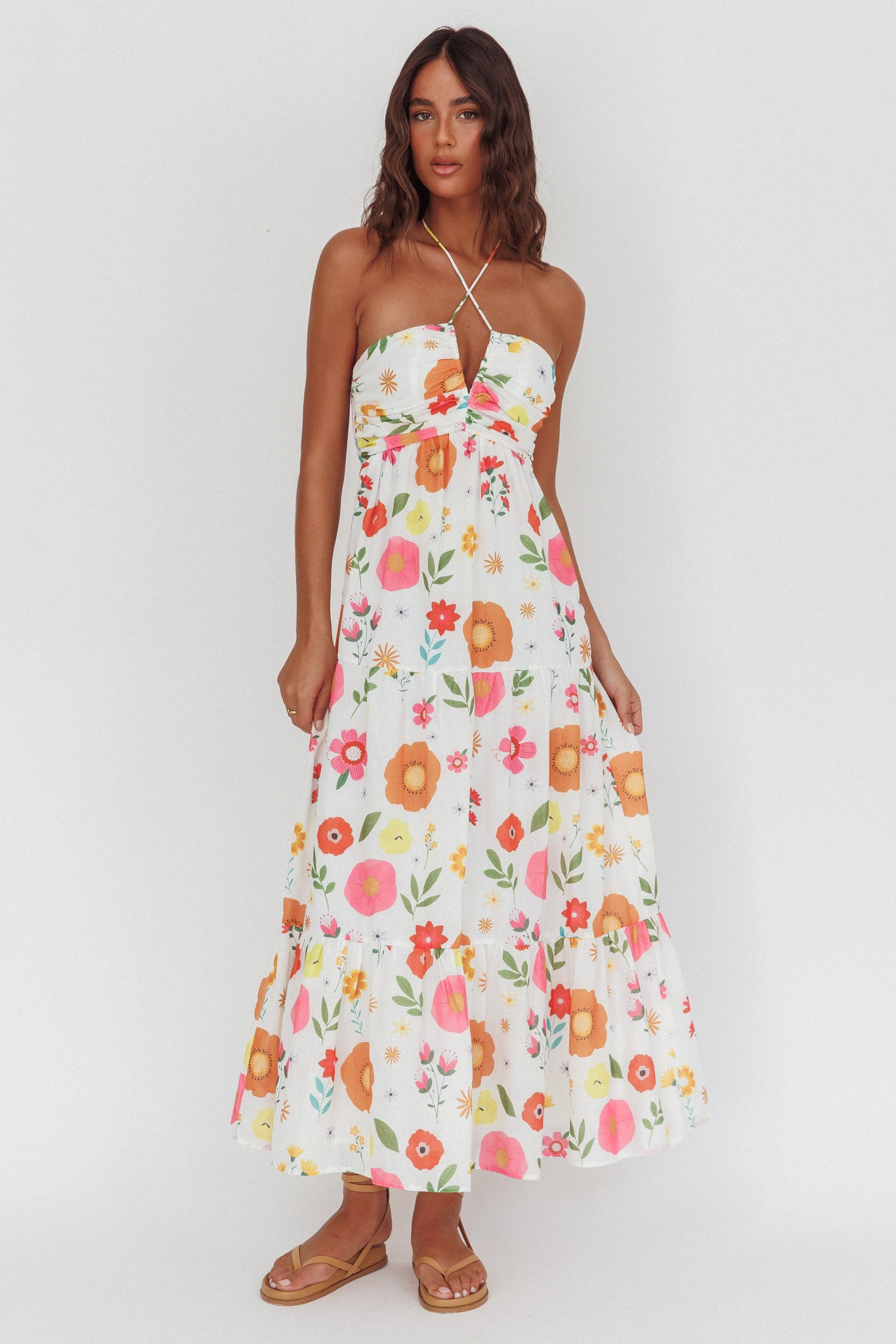 Asiah Gathered Bust Halterneck Maxi Dress Floral White-Fable Dress