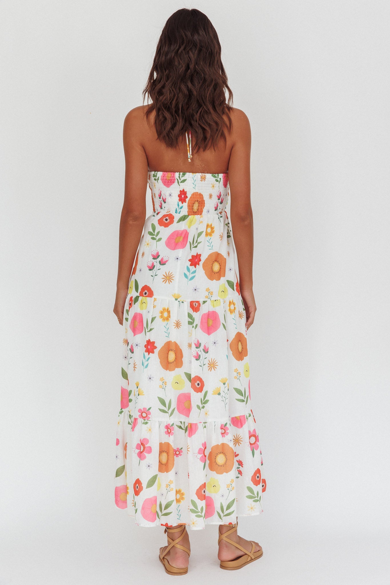 Asiah Gathered Bust Halterneck Maxi Dress Floral White-Fable Dress