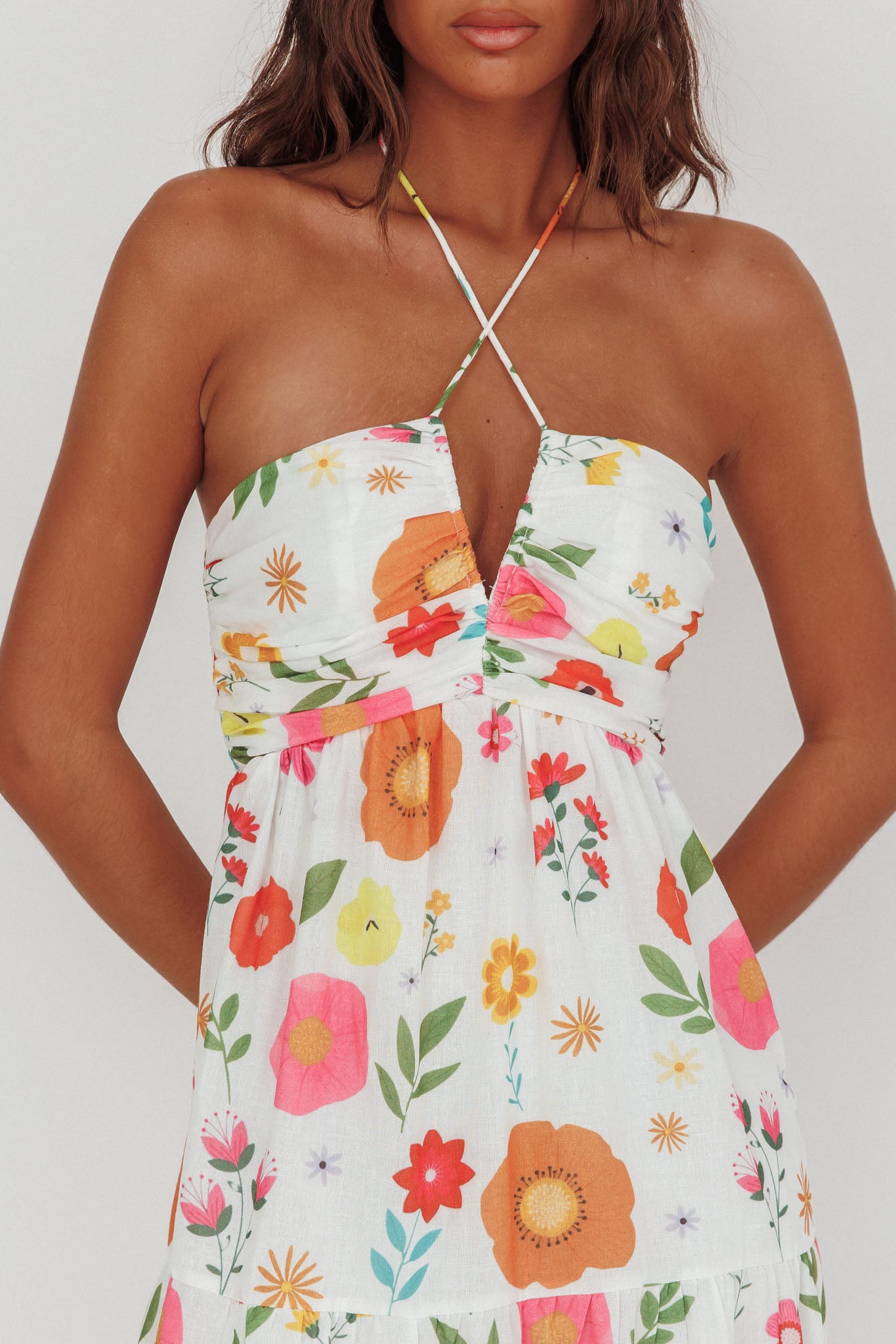 Asiah Gathered Bust Halterneck Maxi Dress Floral White-Fable Dress