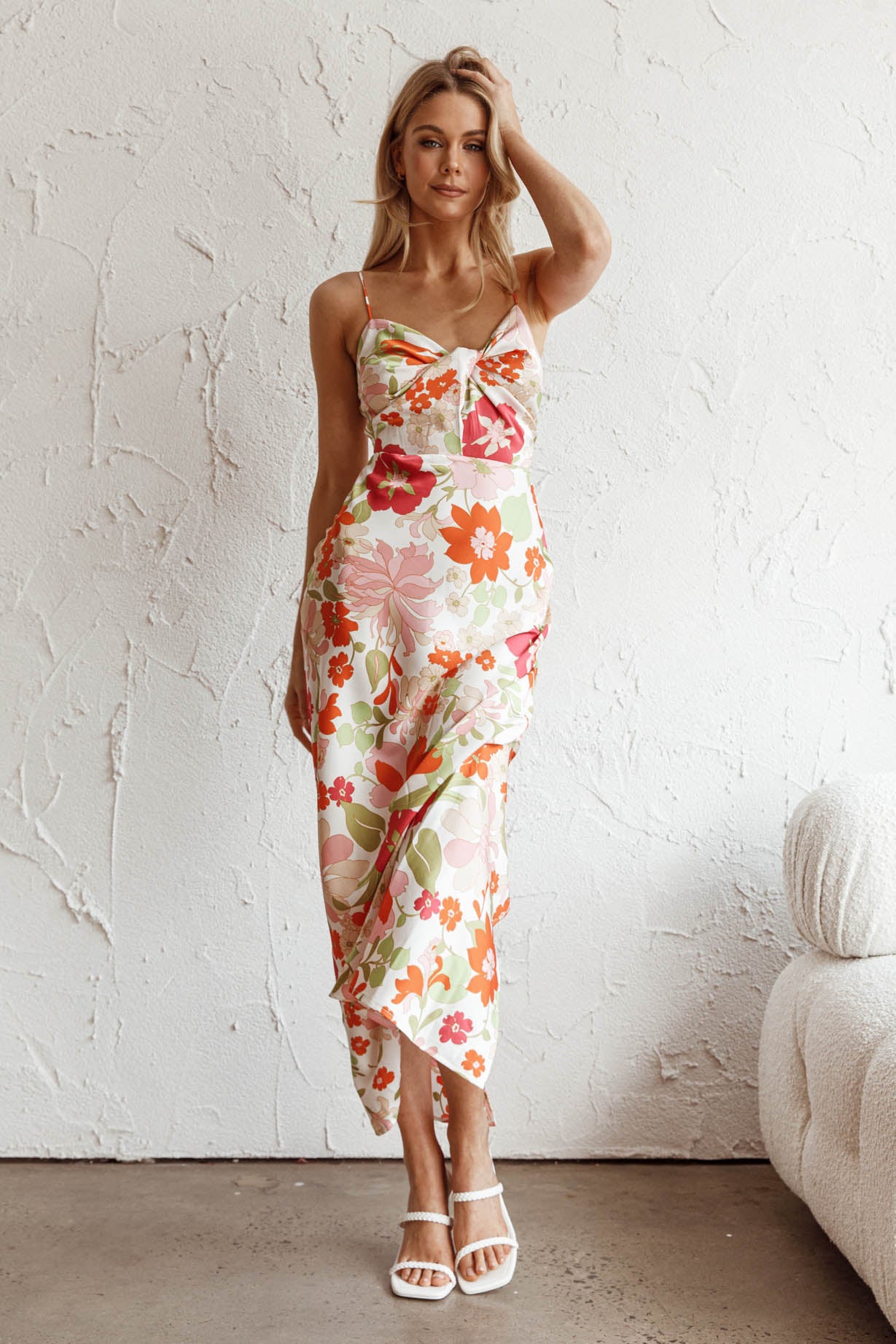 Sea Change Twist Bust Midi Dress Floral White-Fable Dress