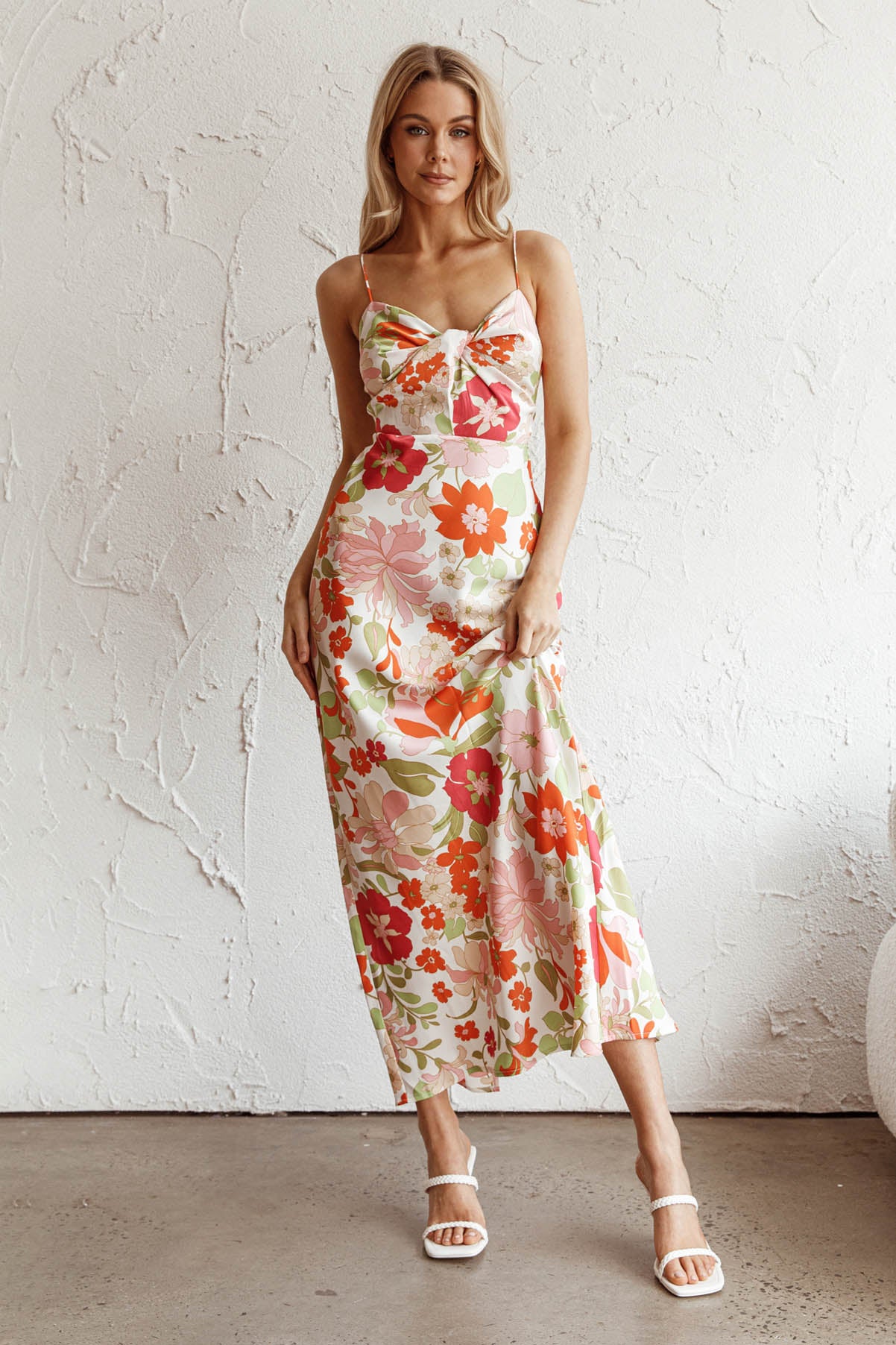 Sea Change Twist Bust Midi Dress Floral White-Fable Dress