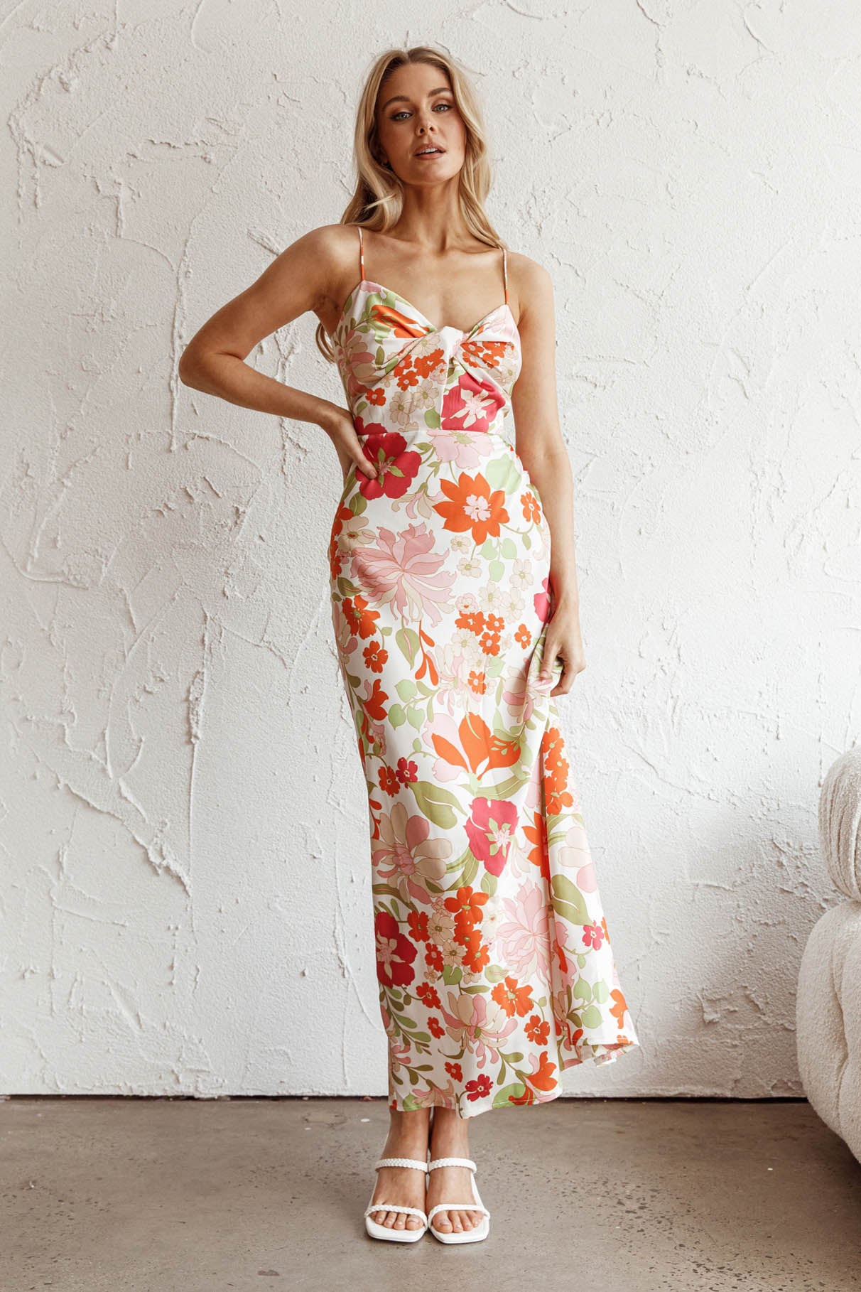 Sea Change Twist Bust Midi Dress Floral White-Fable Dress