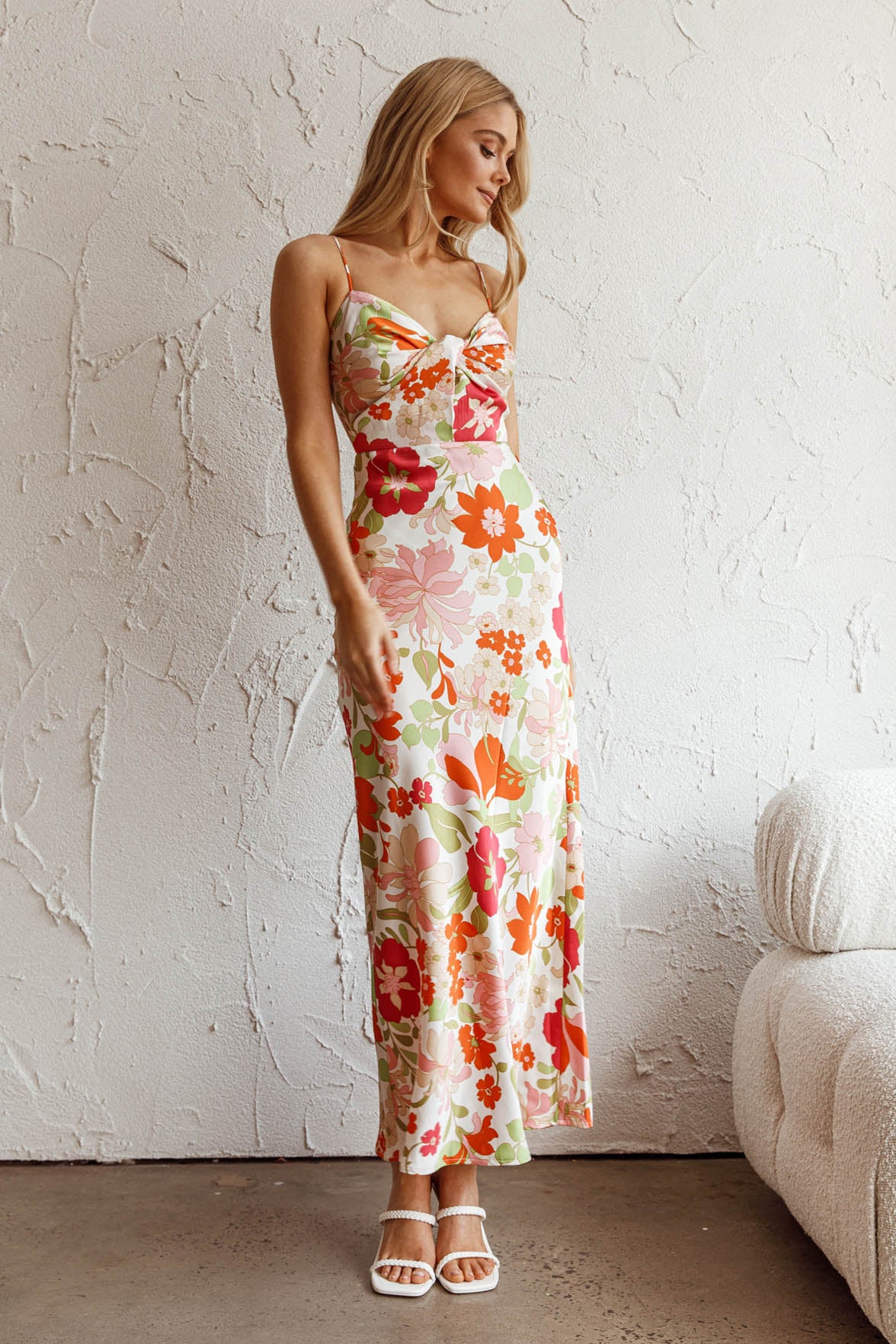 Sea Change Twist Bust Midi Dress Floral White-Fable Dress