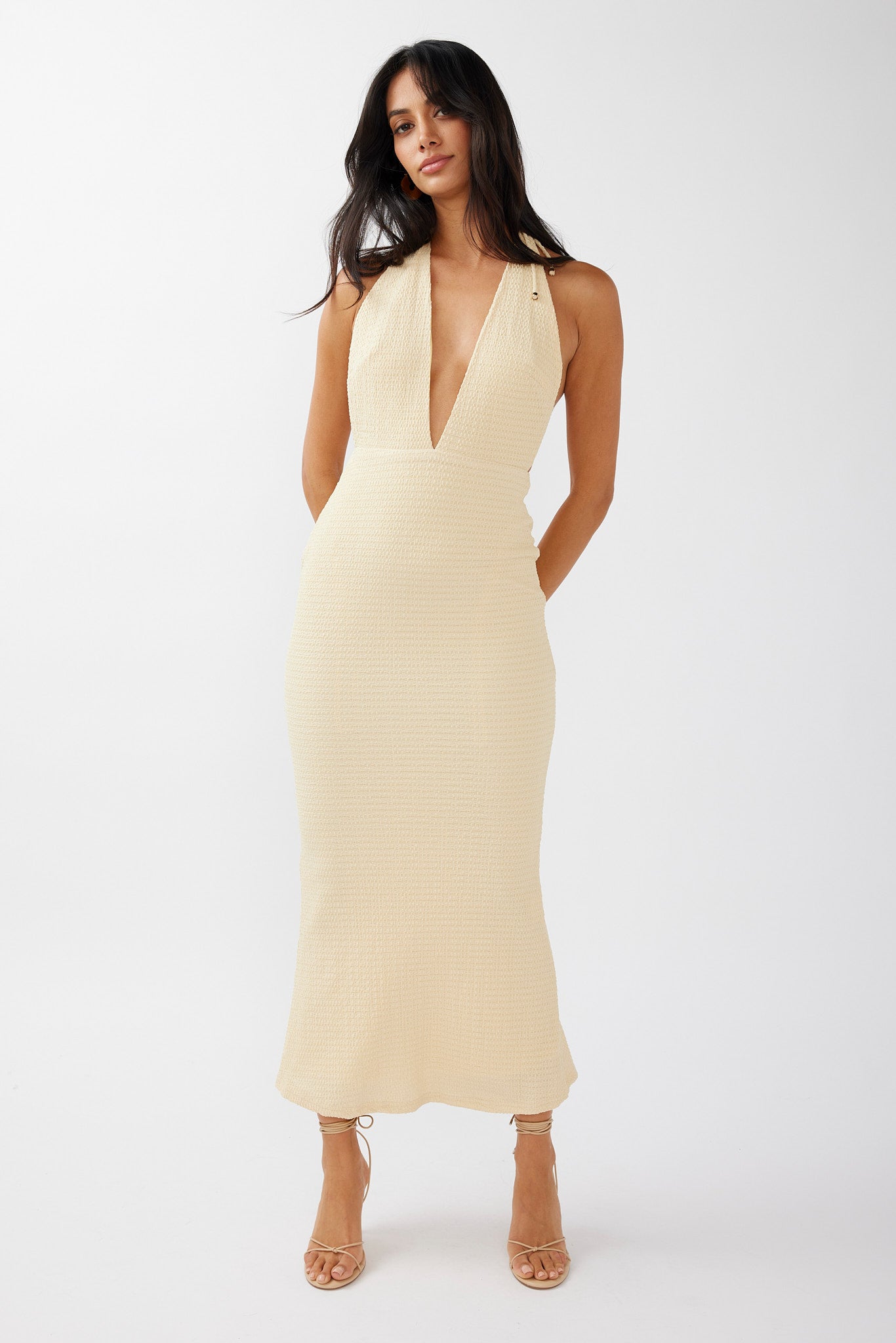 Mayah Halterneck Maxi Dress Textured Lemon-Fable Dress