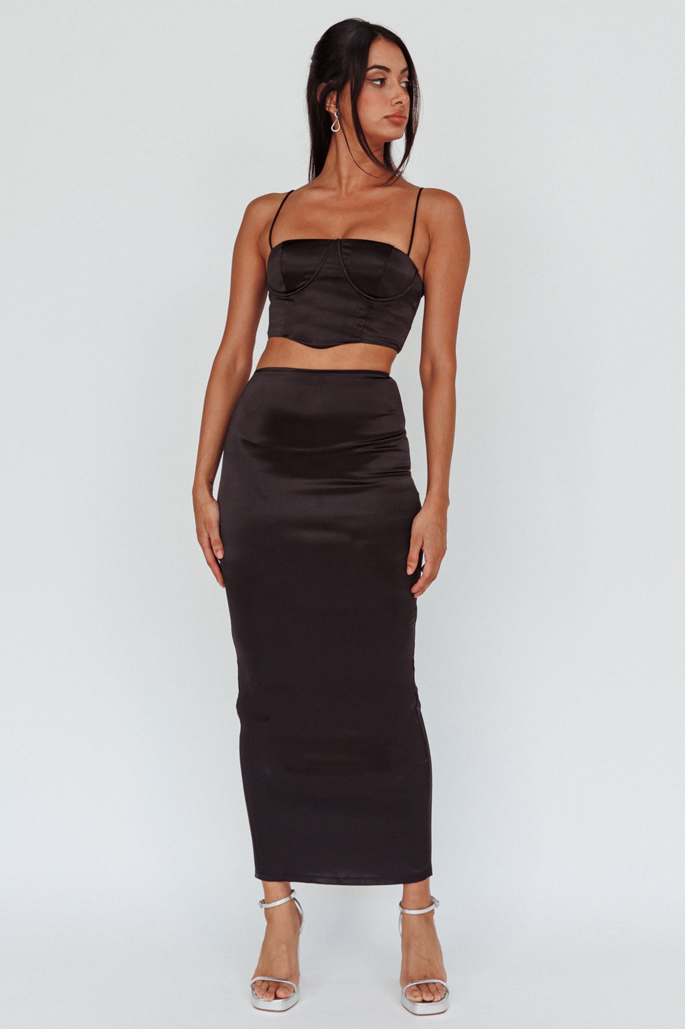 Zeina Satin Midi Skirt Black-Fable Dress