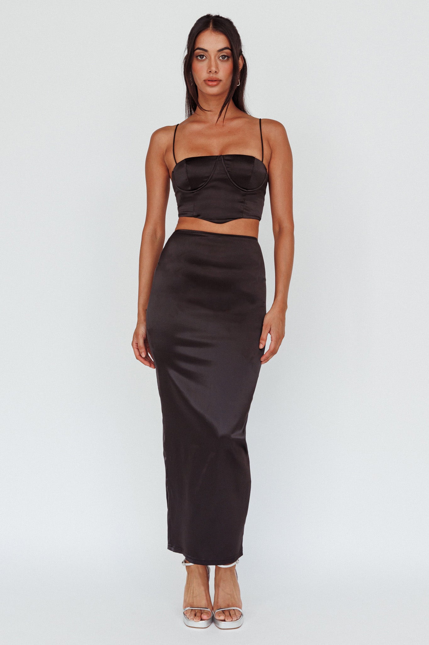 Zeina Satin Midi Skirt Black-Fable Dress
