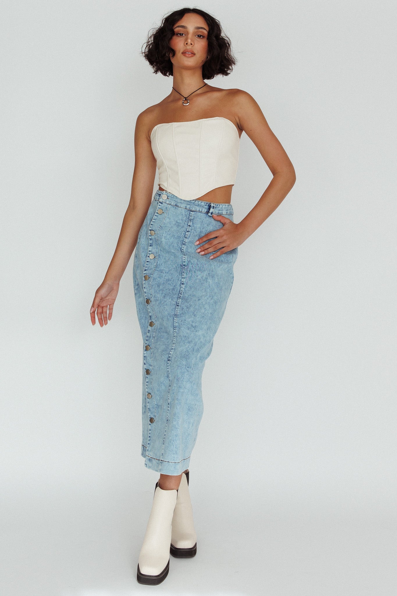 Angelica Side Button-Up Midi Skirt Denim-Fable Dress