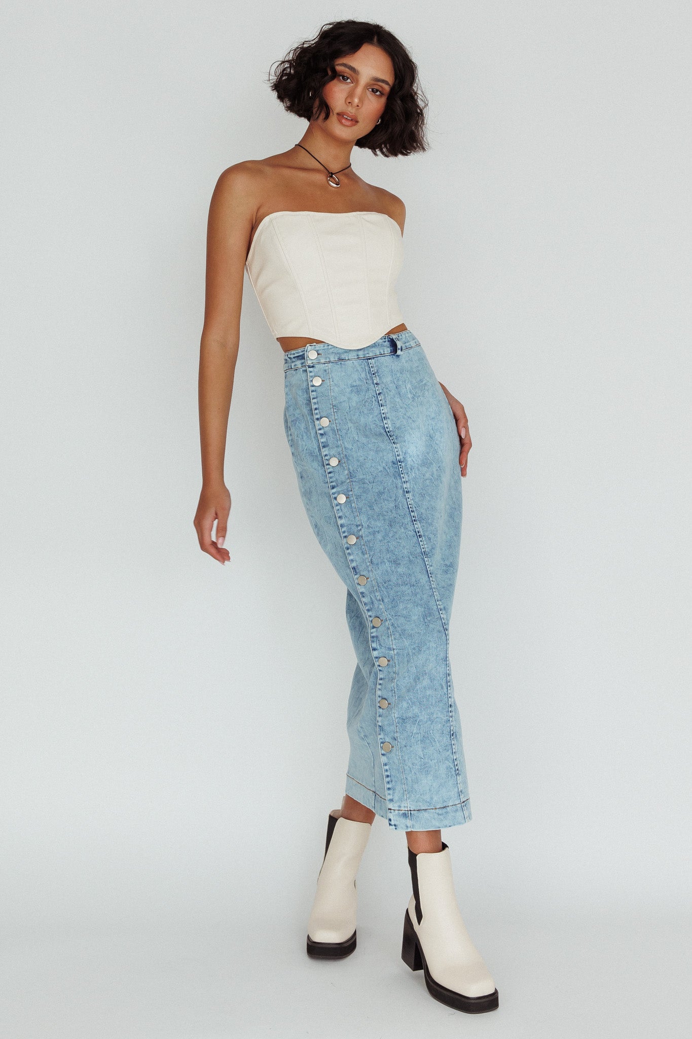 Angelica Side Button-Up Midi Skirt Denim-Fable Dress