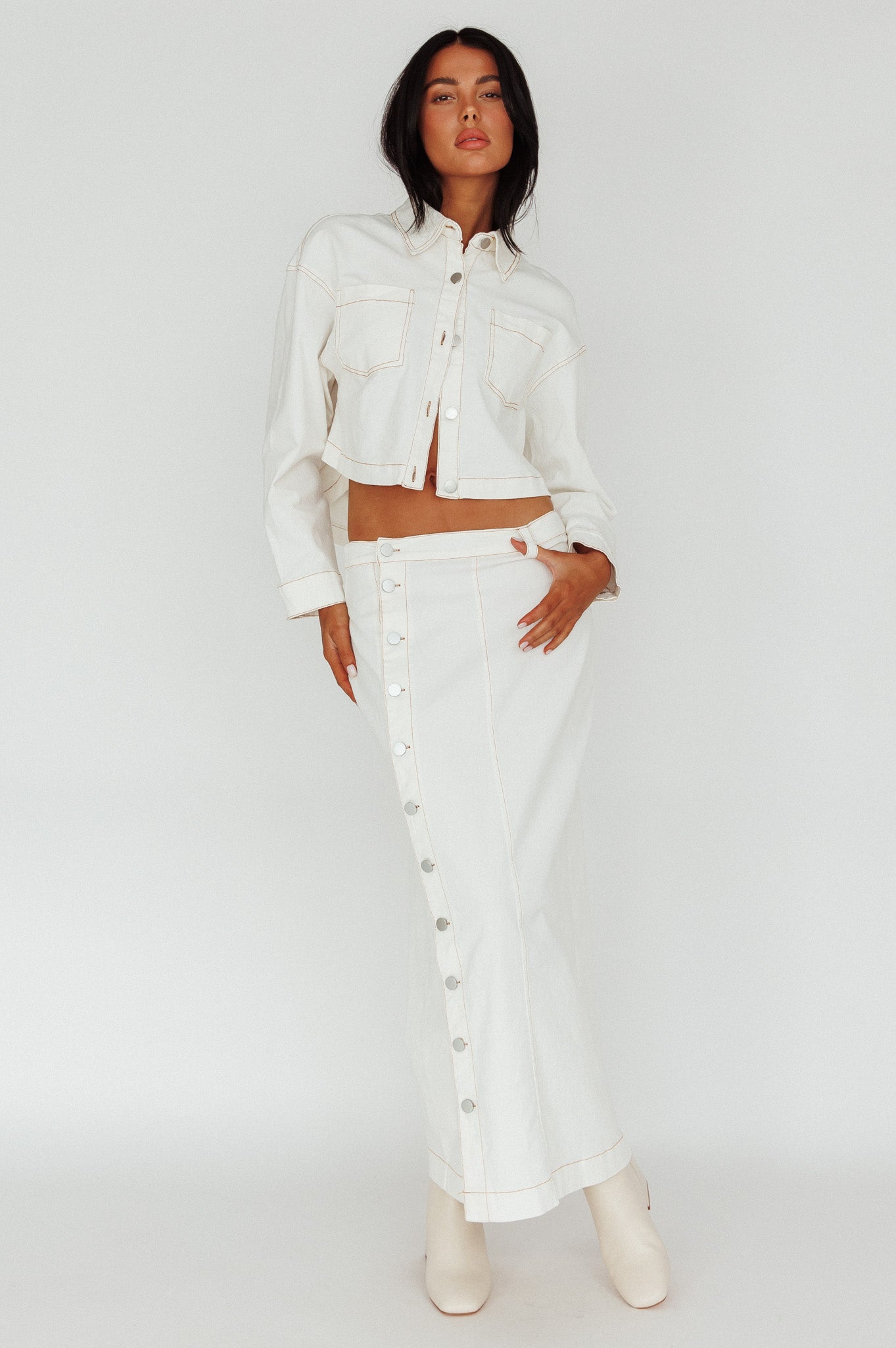 Angelica Side Button-Up Midi Skirt White-Fable Dress