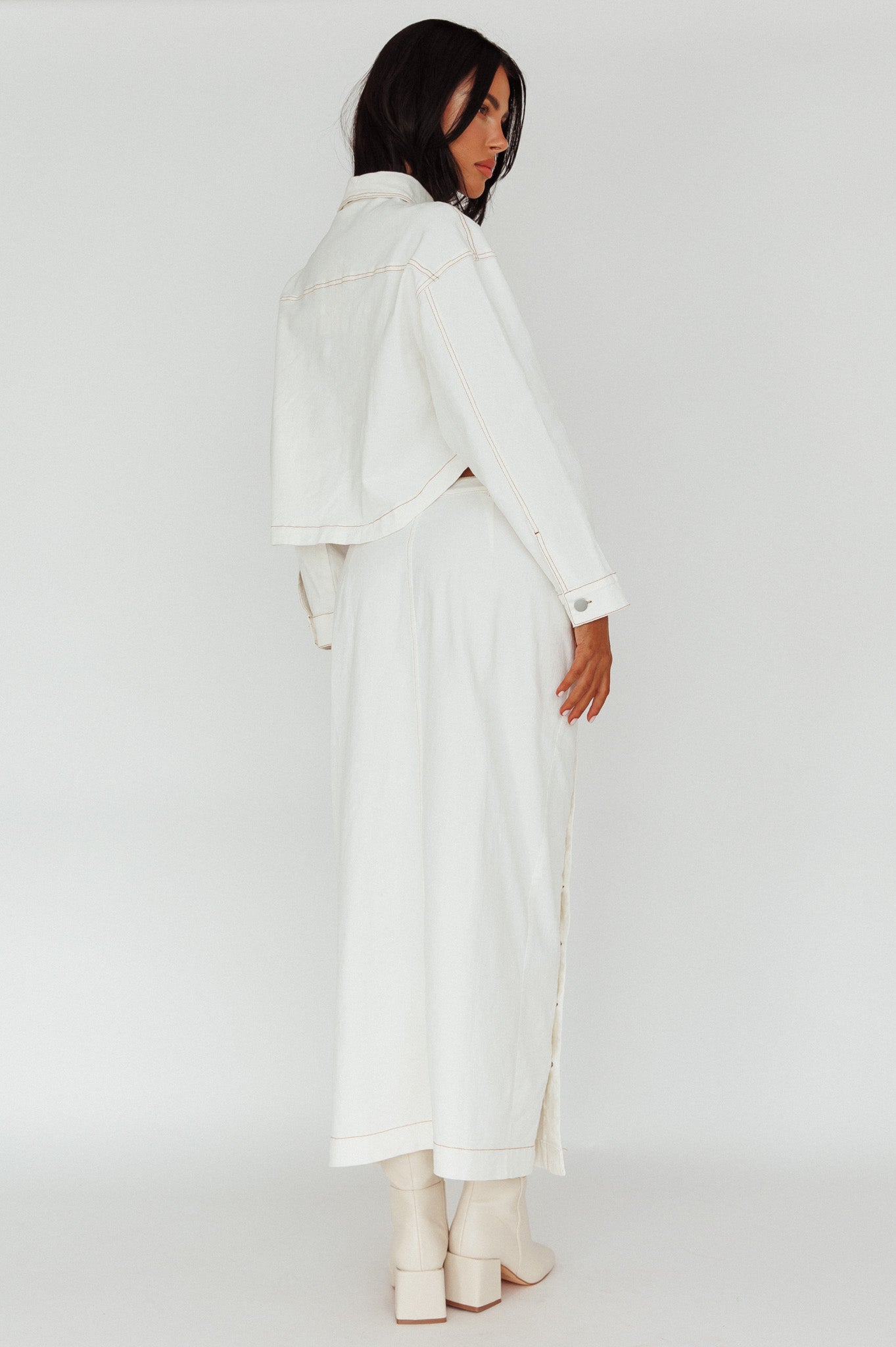 Angelica Side Button-Up Midi Skirt White-Fable Dress