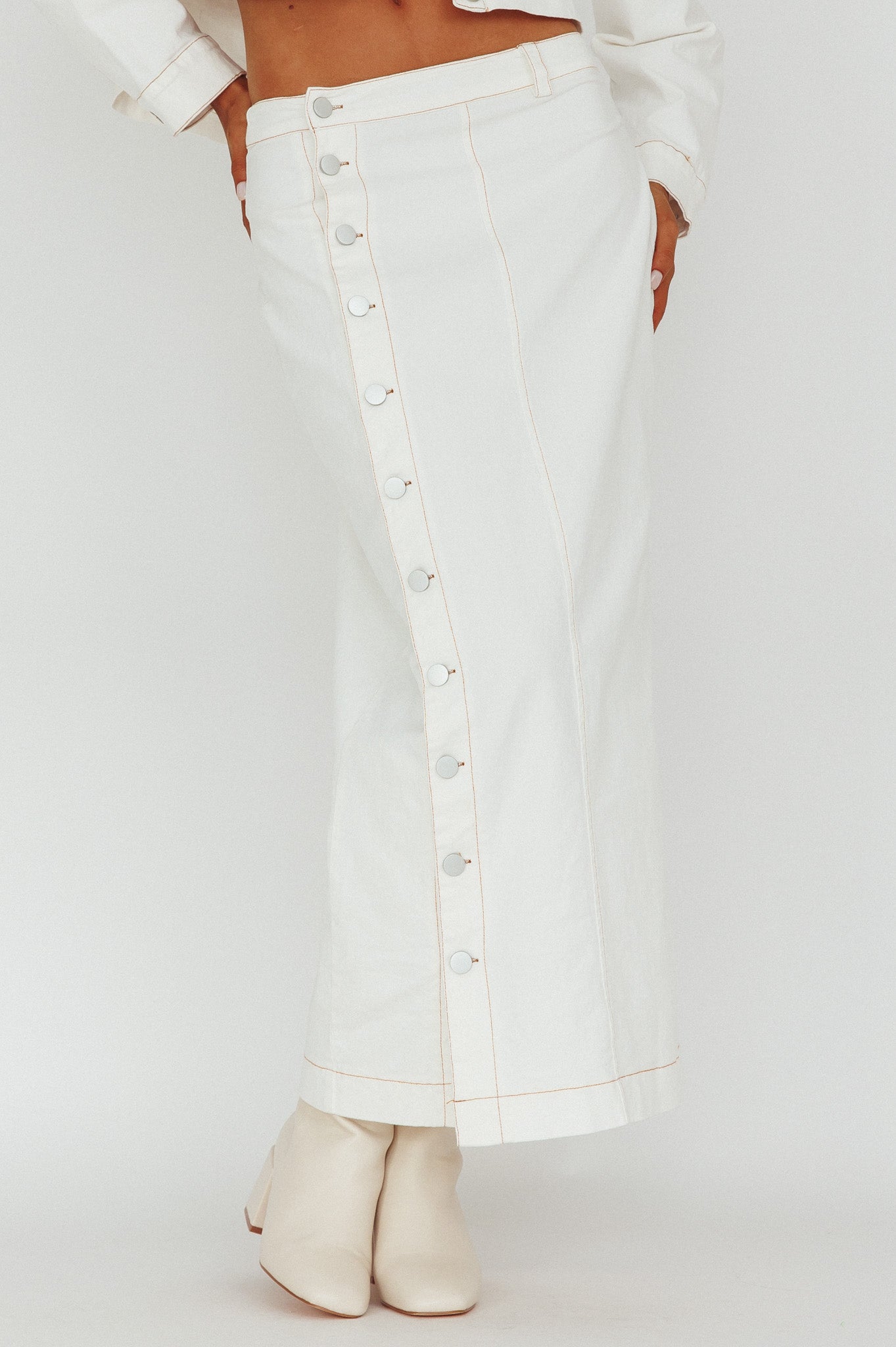 Angelica Side Button-Up Midi Skirt White-Fable Dress