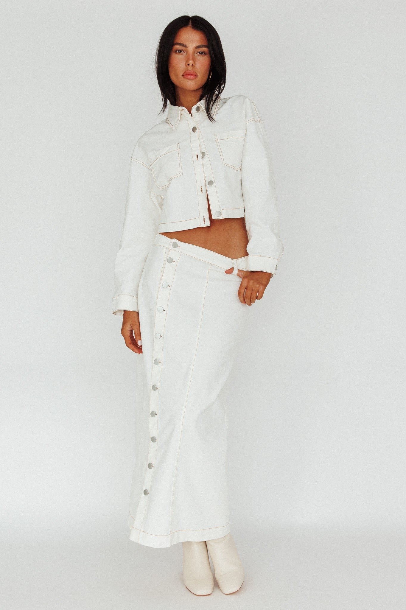 Angelica Side Button-Up Midi Skirt White-Fable Dress