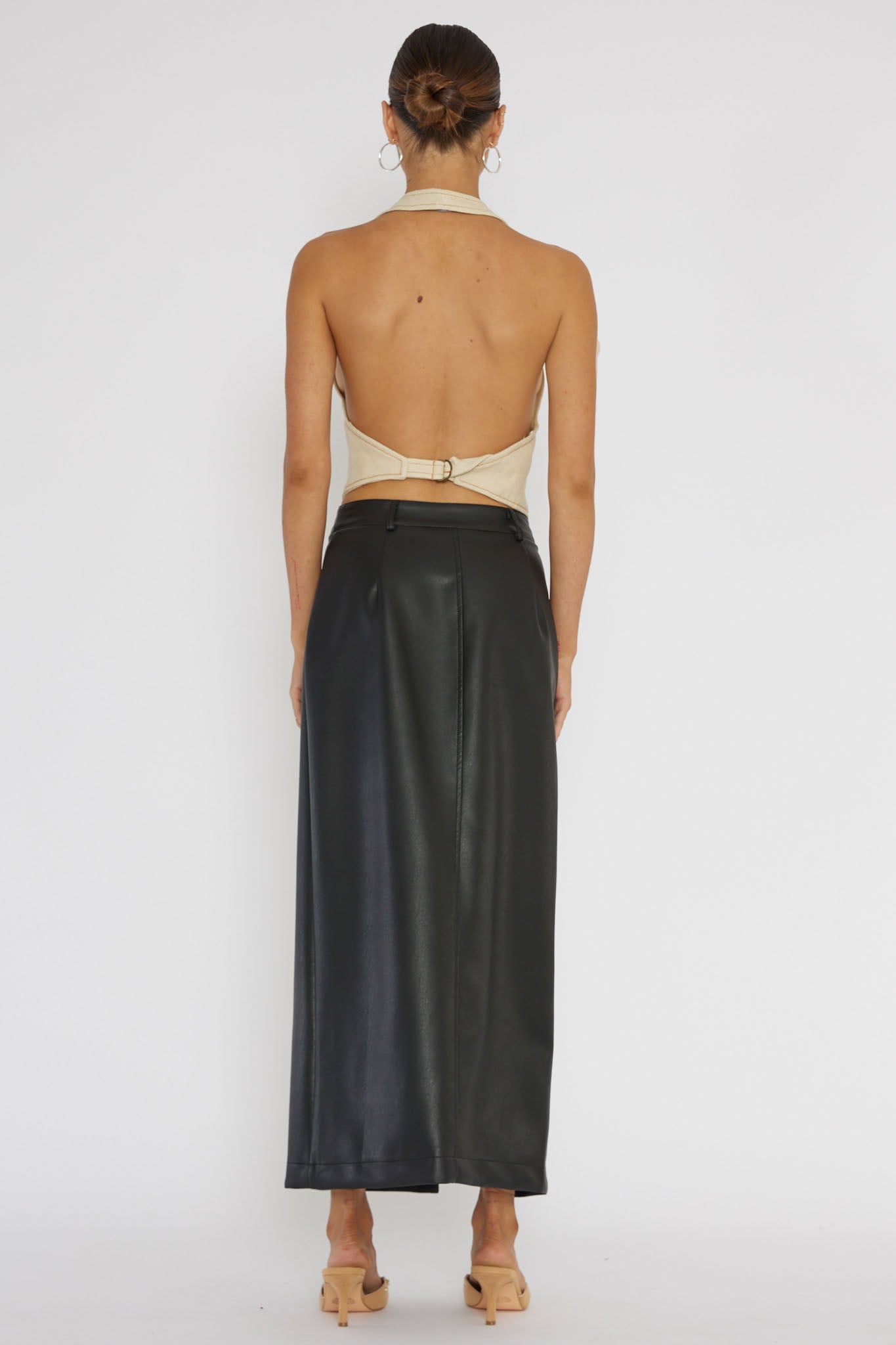 Angelica Button-Up Faux Leather Midi Skirt Black-Fable Dress