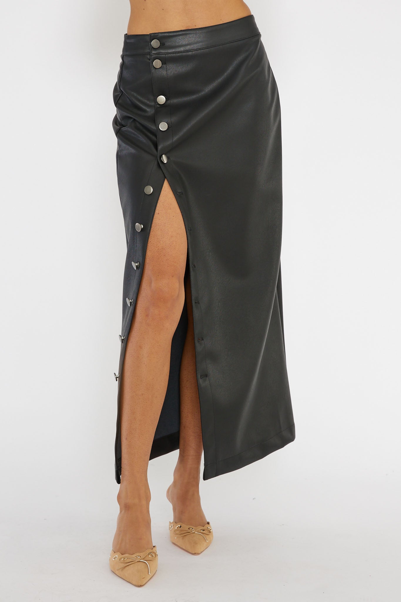 Angelica Button-Up Faux Leather Midi Skirt Black-Fable Dress