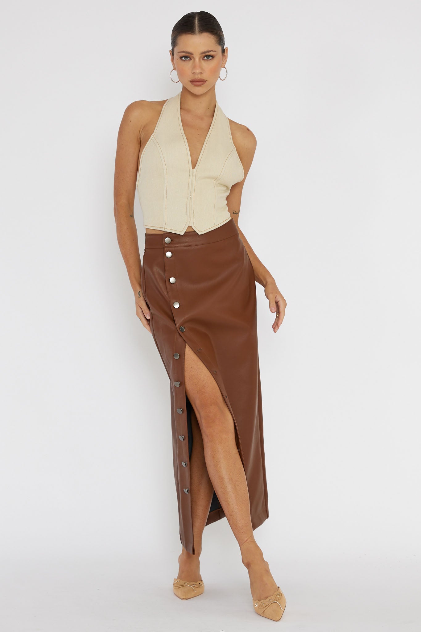 Angelica Button-Up Faux Leather Midi Skirt Brown-Fable Dress