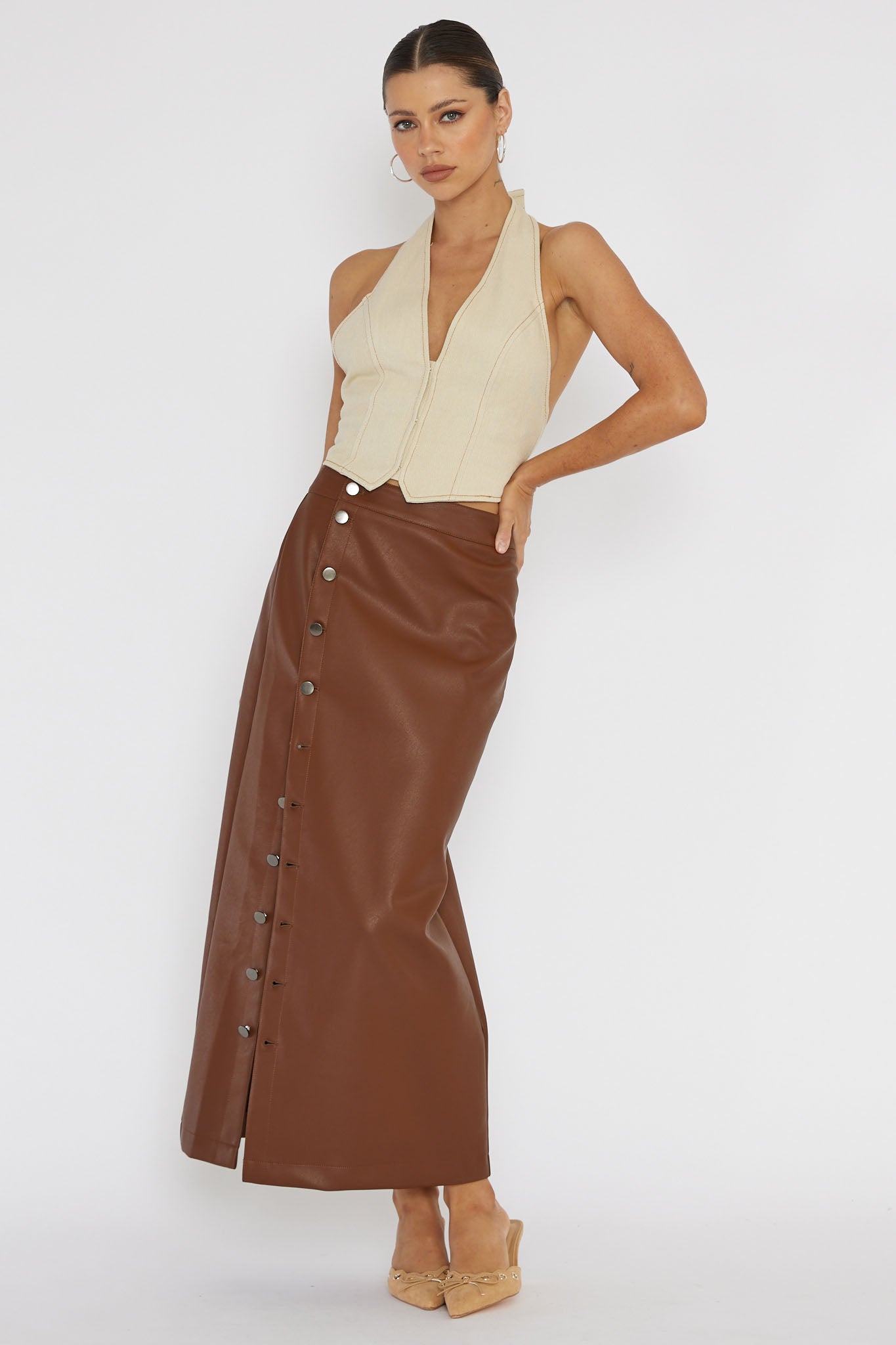 Angelica Button-Up Faux Leather Midi Skirt Brown-Fable Dress