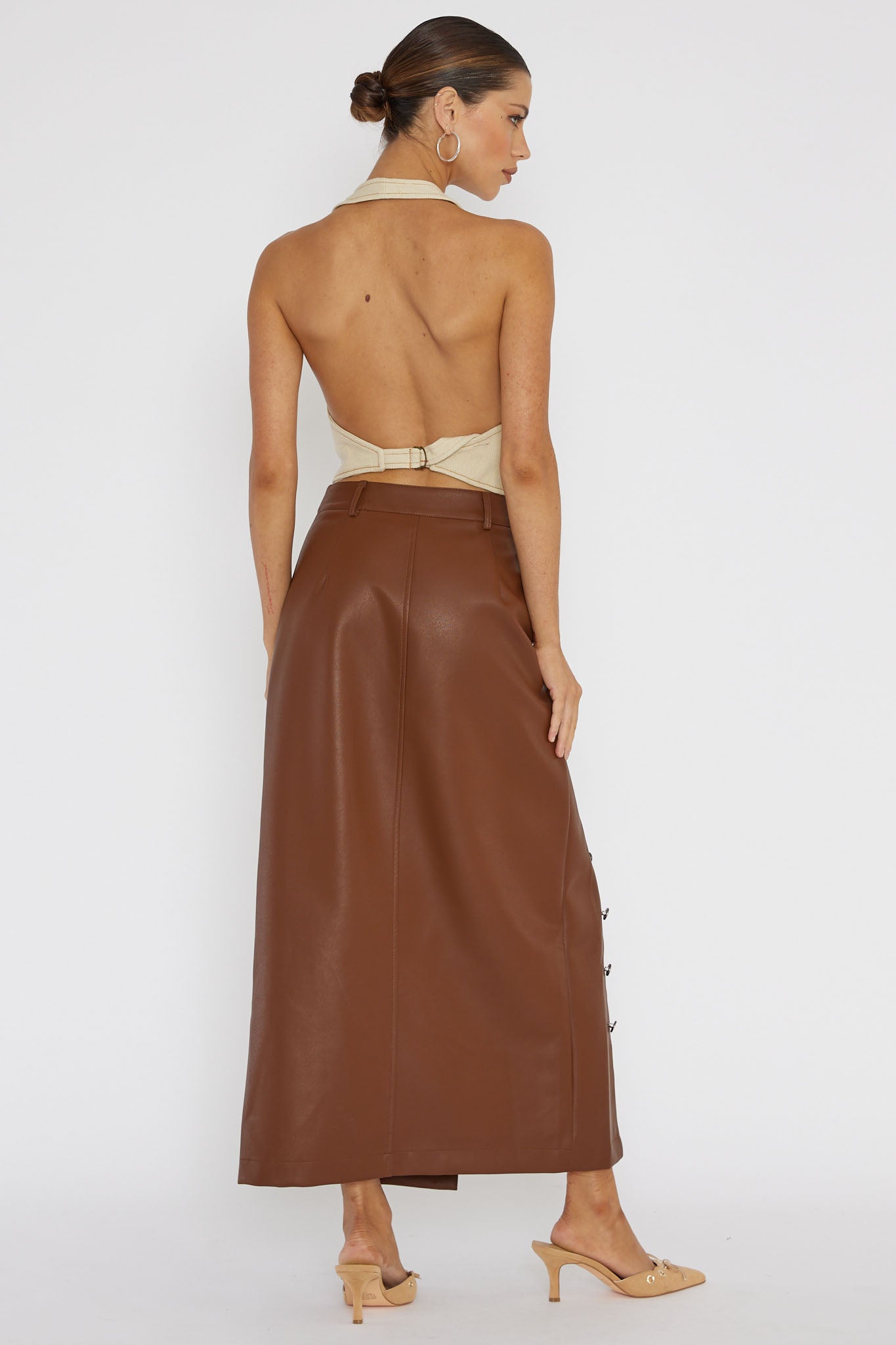 Angelica Button-Up Faux Leather Midi Skirt Brown-Fable Dress