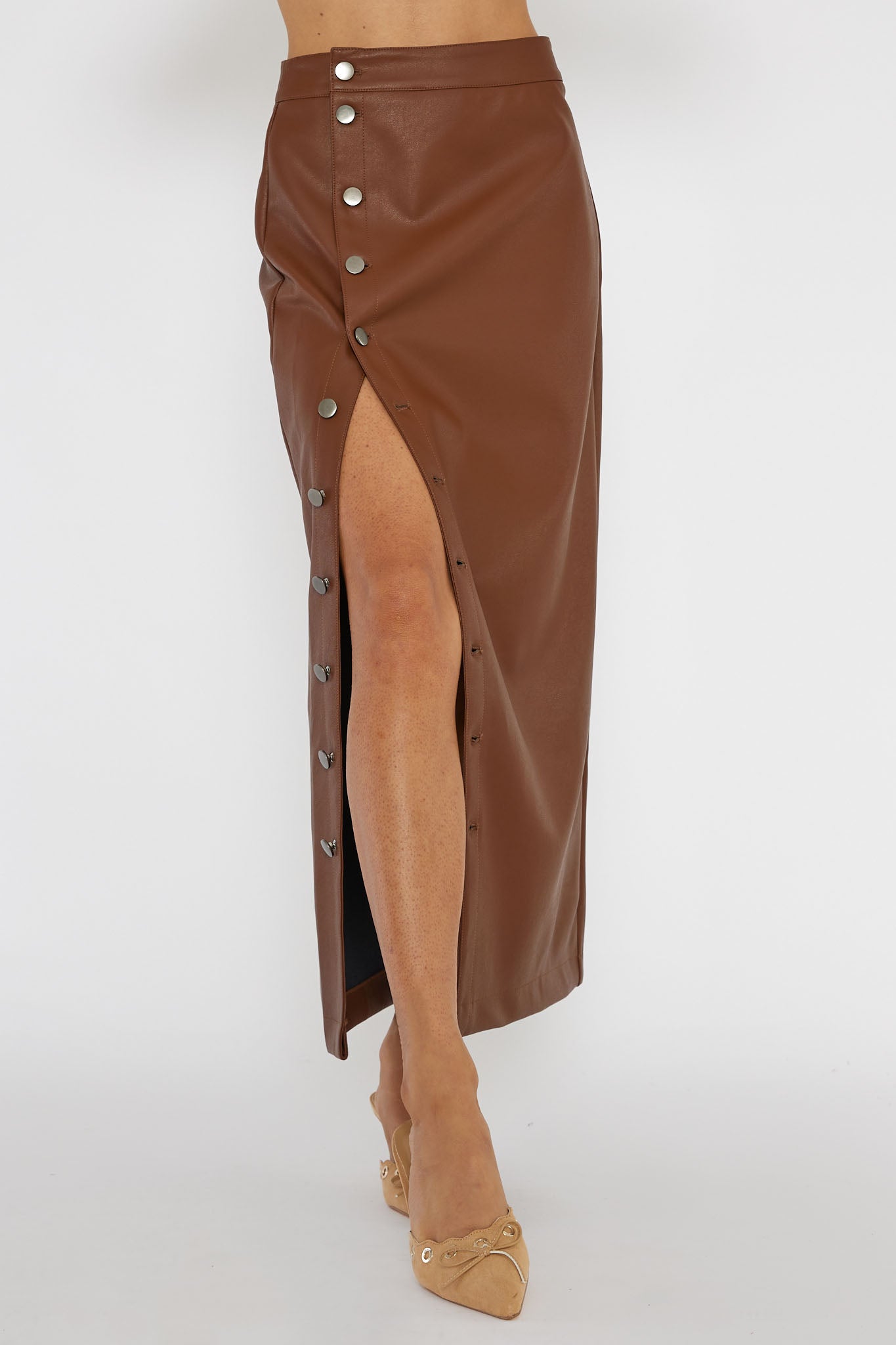 Angelica Button-Up Faux Leather Midi Skirt Brown-Fable Dress